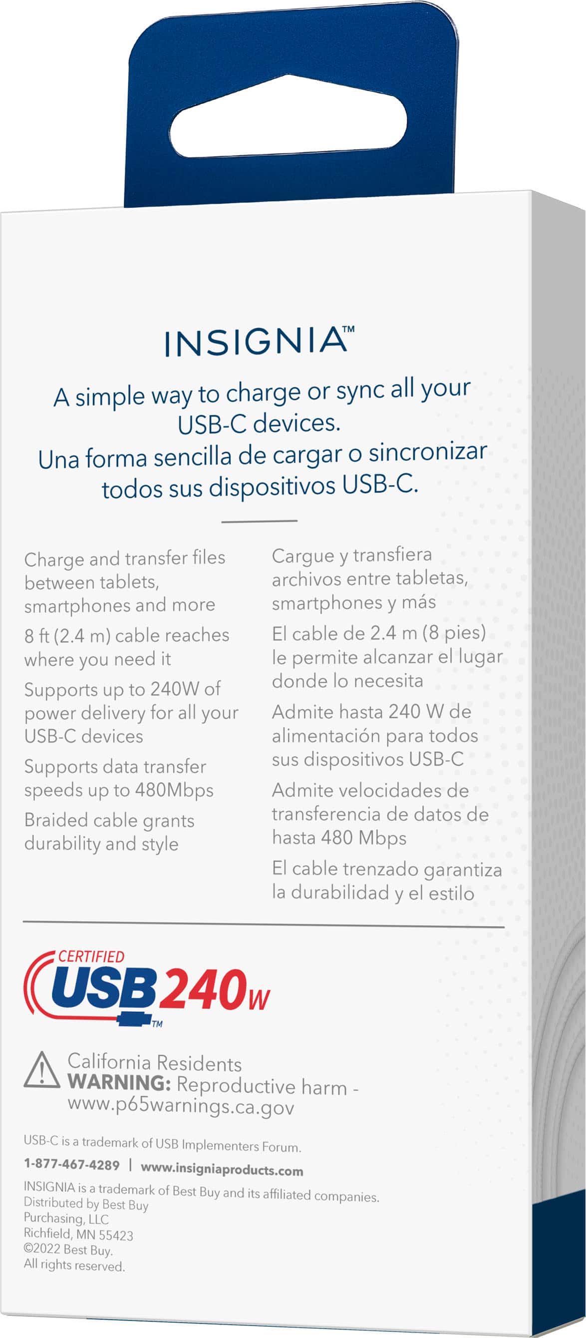 Alt View 13. Insignia™ - 8ft 240W USB-C to USB-C Charge-and-Sync Braided Cable - White.