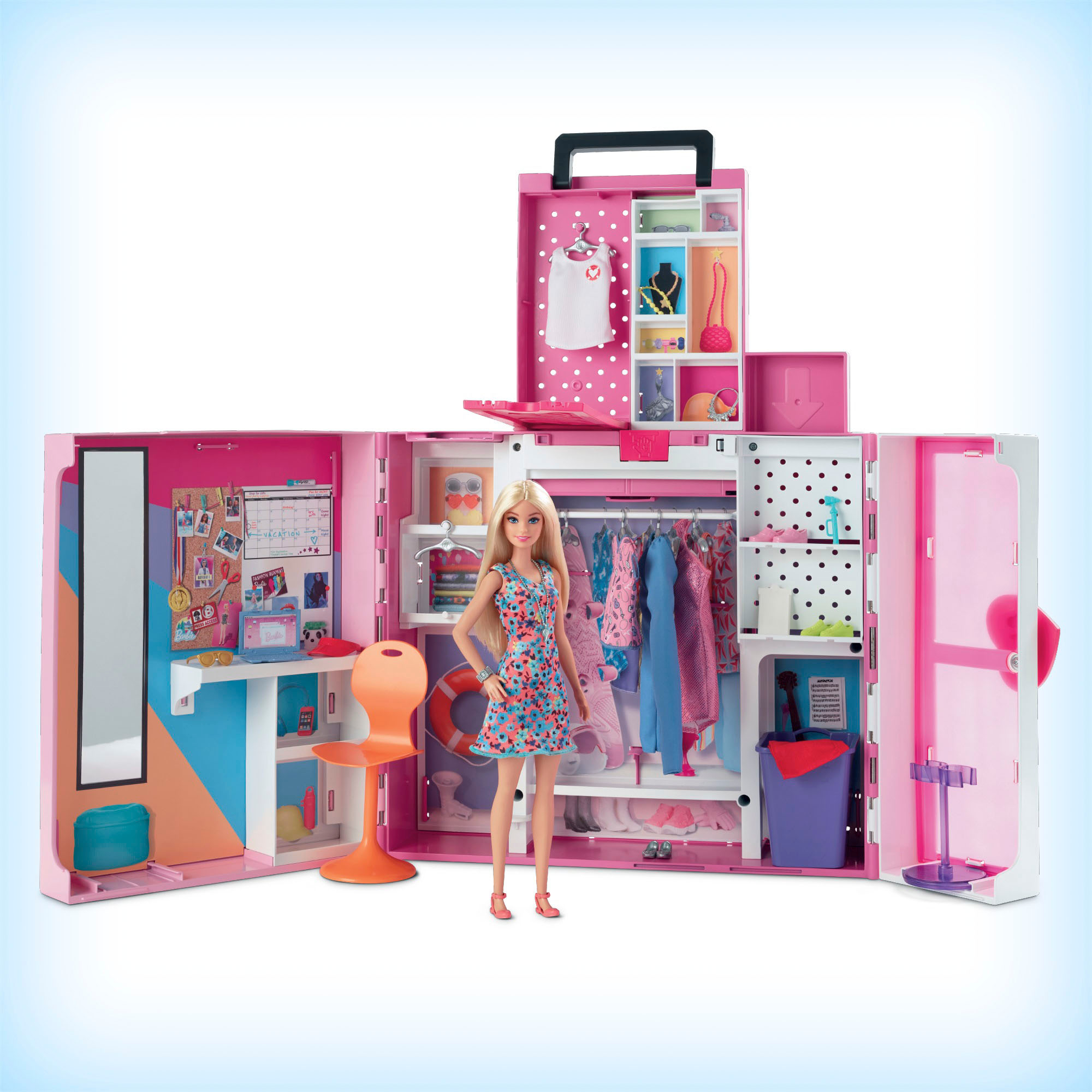 Lot 2 Barbie Pink & Black Storage Closet Carrying Case Clothes Shoes Access