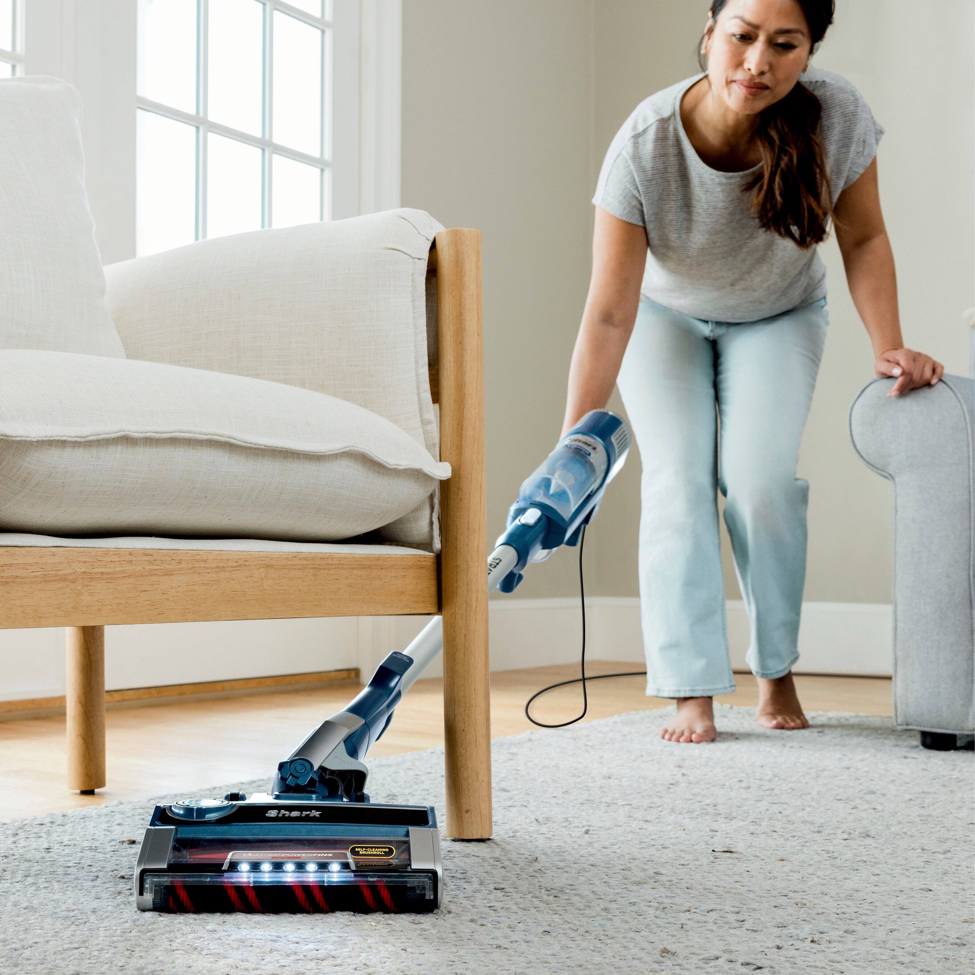 Left. Shark - Stratos UltraLight Corded Stick Vacuum with DuoClean PowerFins HairPro, Self-Cleaning Brushroll, Odor Neutralizer - Navy.