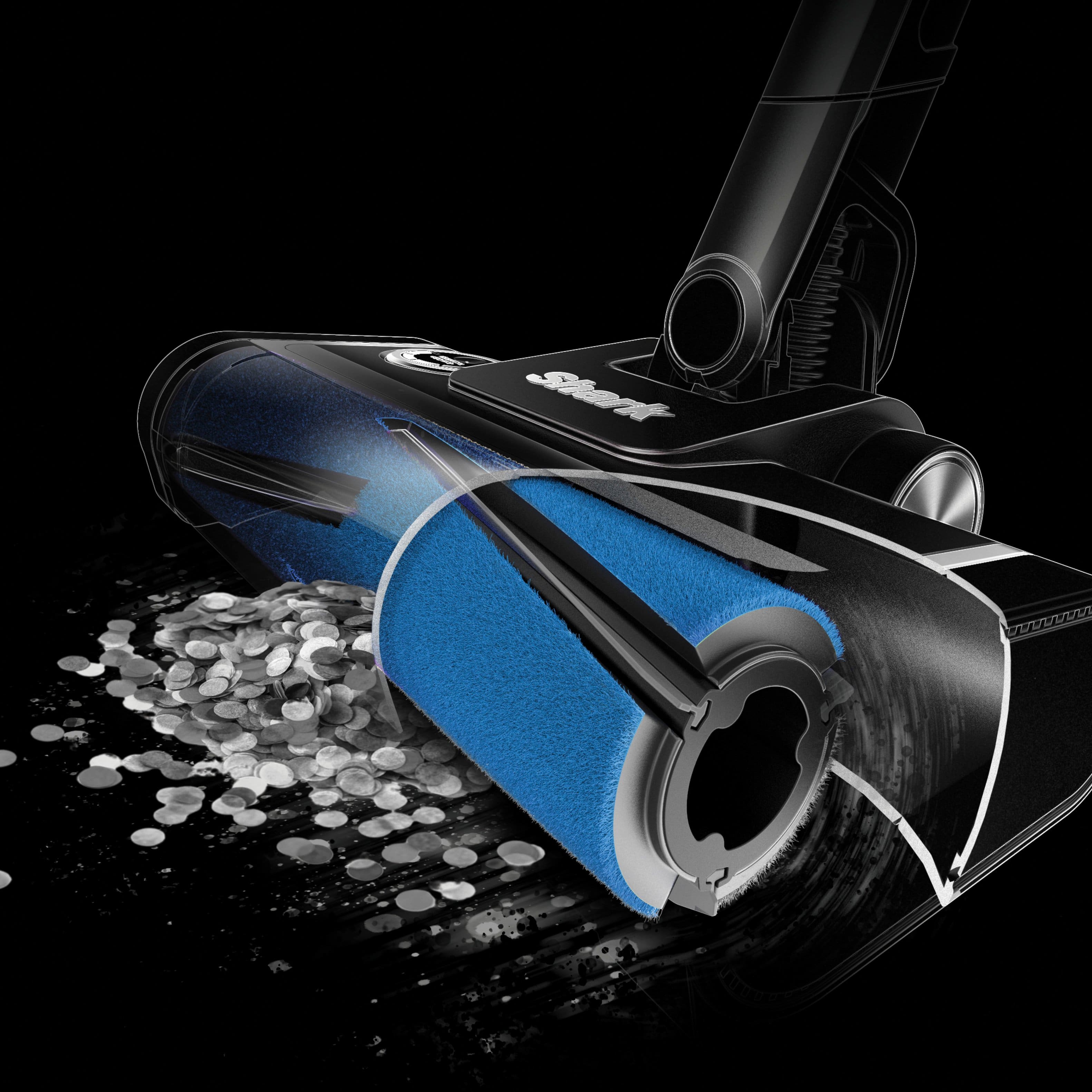 POWERFINS.TM PLUS Combines two brushroll technologies into one nozzle. Soft roller Directly engages hard floors for a polished look. Flexible silicone fins Dig deep into carpets.