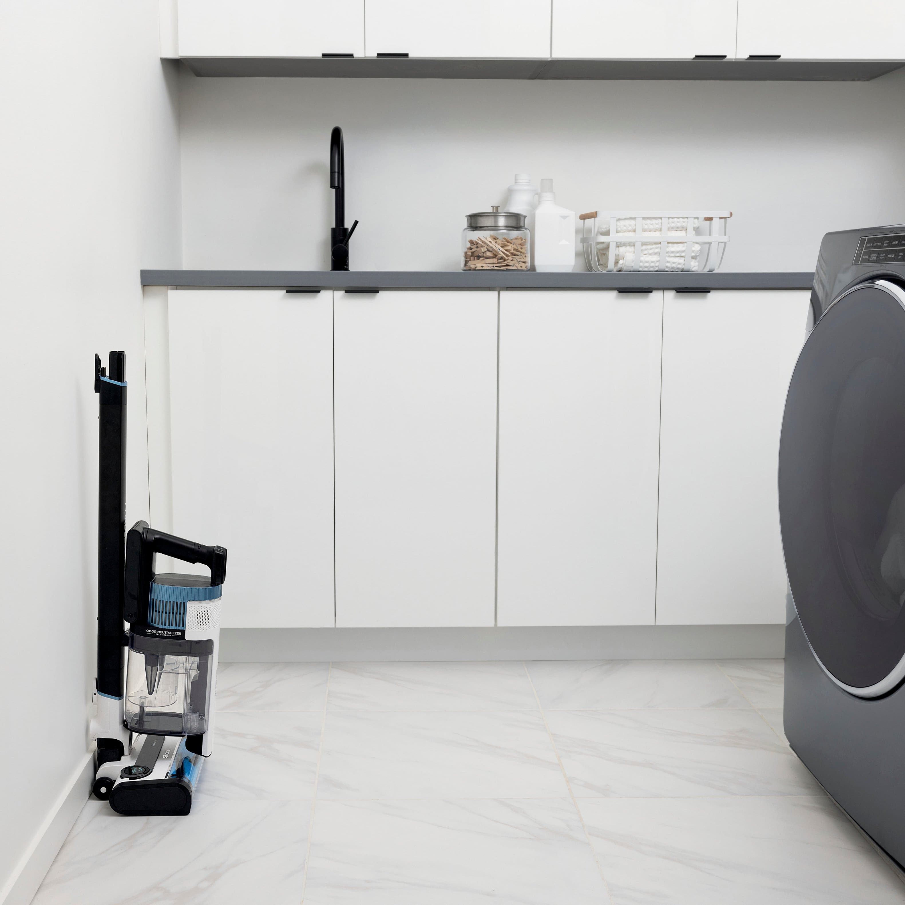 Easy freestanding storage. Detach the hand vac and clip it at the base of the wand for freestanding storage.