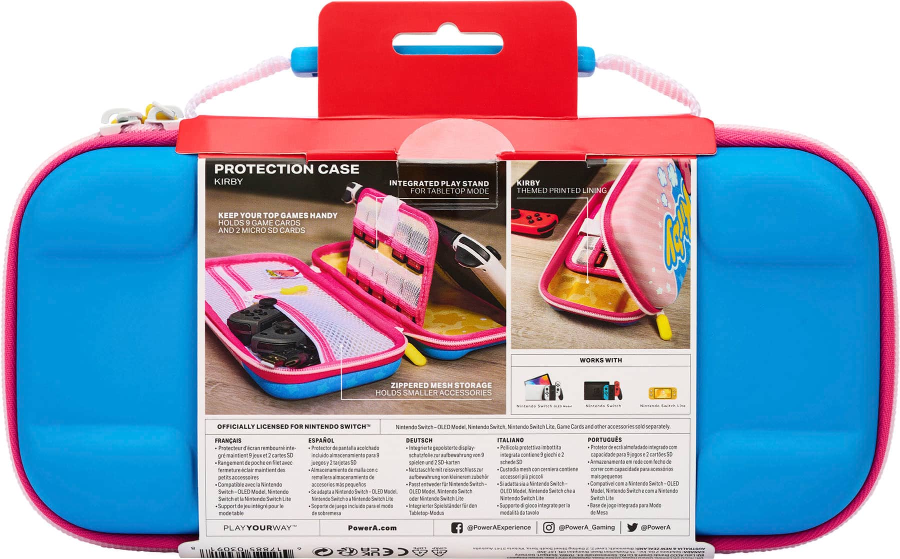 PROTECTION CASE KIRBY KEEP YOUR TOP GAMES HANDY HOLDS GAME CARDS AND MICRO SD CARDS INTEGRATED PLAY STAND FORTABLETOP MODE KIRBY THEMED PRINTED LINING Cel WORKS WITH ZIPPERED MESH STORAGE HOLDS SMALLER ACCESSORIES Niscendo Mistendo Swites OFFICIALLY LICENSED FOR NINTENDO SWITCH Nintendo Switch OLED Model Nintendo Switch Nintendo Switch Lite Game Cards other accessories separatelly. FRANAIS ESPAOL DEUTSCH ITALIANO PORTUGUS Protecteur eeran embourr inte- Pretector pantalla acoichado Integrierte gepoisterte display Pellicela protettiva imbottita Protetor almotadade integrado maintient jeux cartes incluido nacenamiento para schutztolle integrata contiene giachi capacidade jogos cartiles Rangement poche juegos tarjetas spielen karten schede rmazenamento techo fermeture clair maintient malla Netrtaschle reissverschluss Custodia mesh cerniera contiene coner capacidade acessories petits accessoires remallera almacenamiento aufbewahrung kleinerem rubeho.