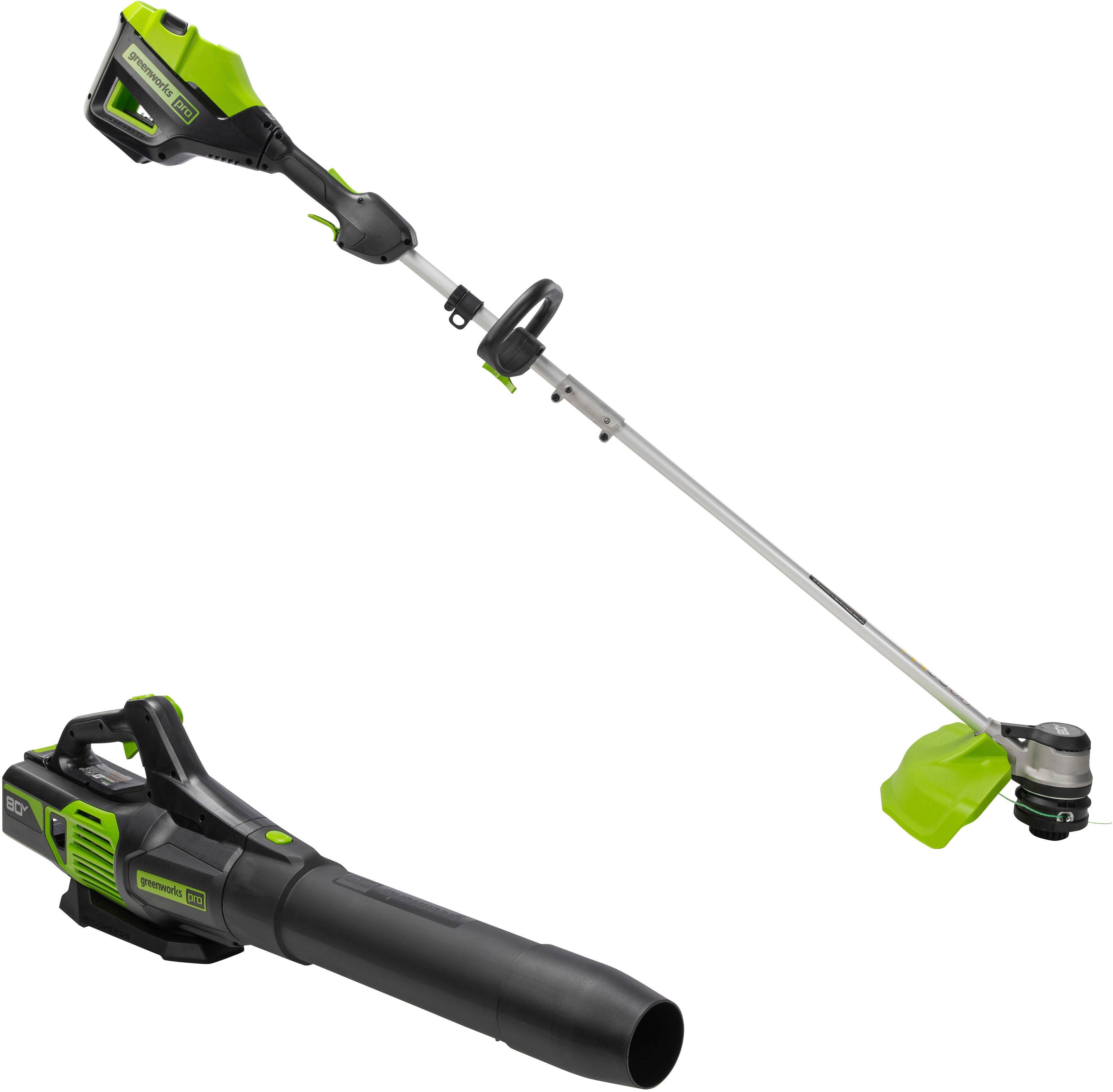 Angle. Greenworks - 80 Volt 16-Inch Cutting Diameter Straight Shaft Grass Trimmer and Axial Blower (1 x 2.0Ah Battery and 1 x Charger) - Green.