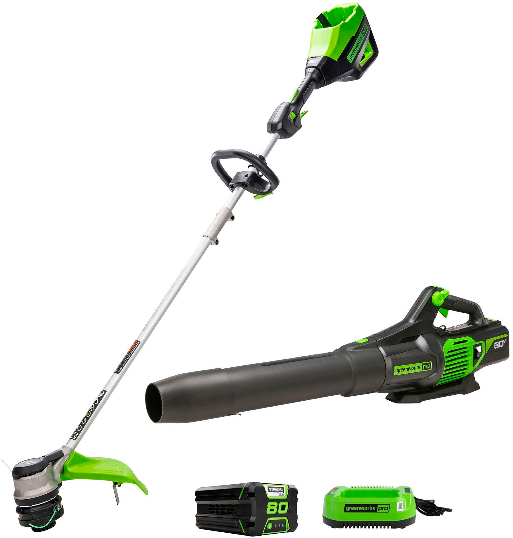 Greenworks 80-Volt Front Mount String Trimmer & Brushless Axial Blower  Combo with  Battery & Charger Green 1324902VT - Best Buy