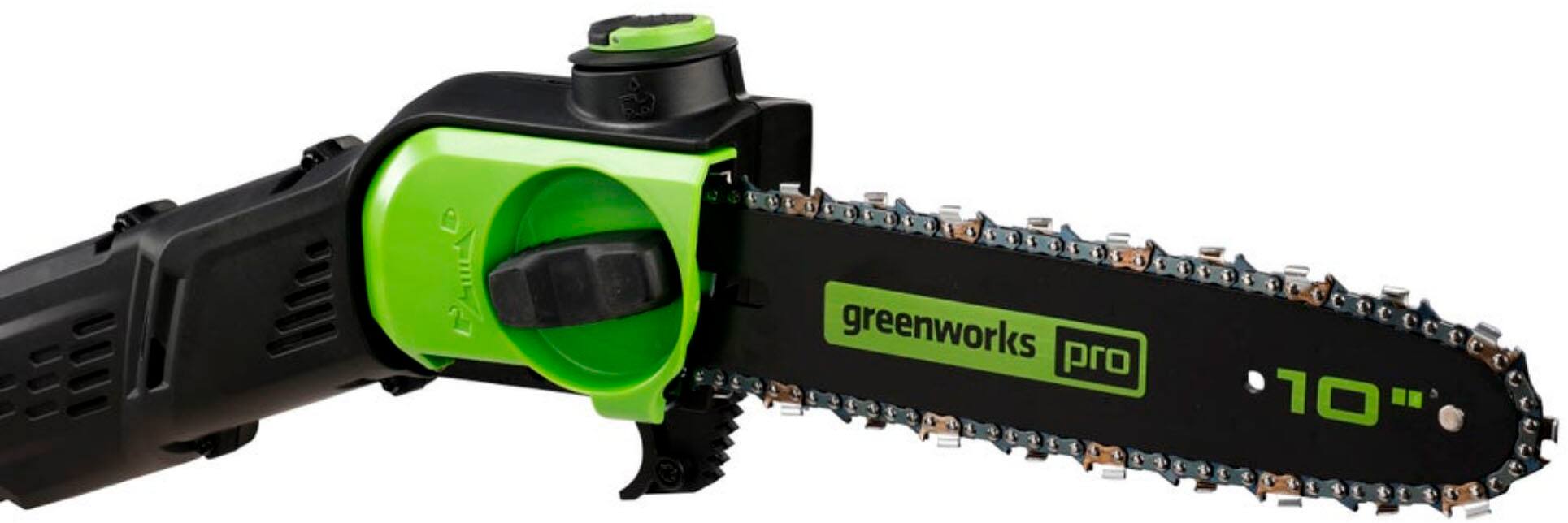 Angle. Greenworks - 80-Volt 10-Inch Brushless Cordless Pole Saw with 14.5 foot reach (1 x 2Ah Battery and Charger) - Green.