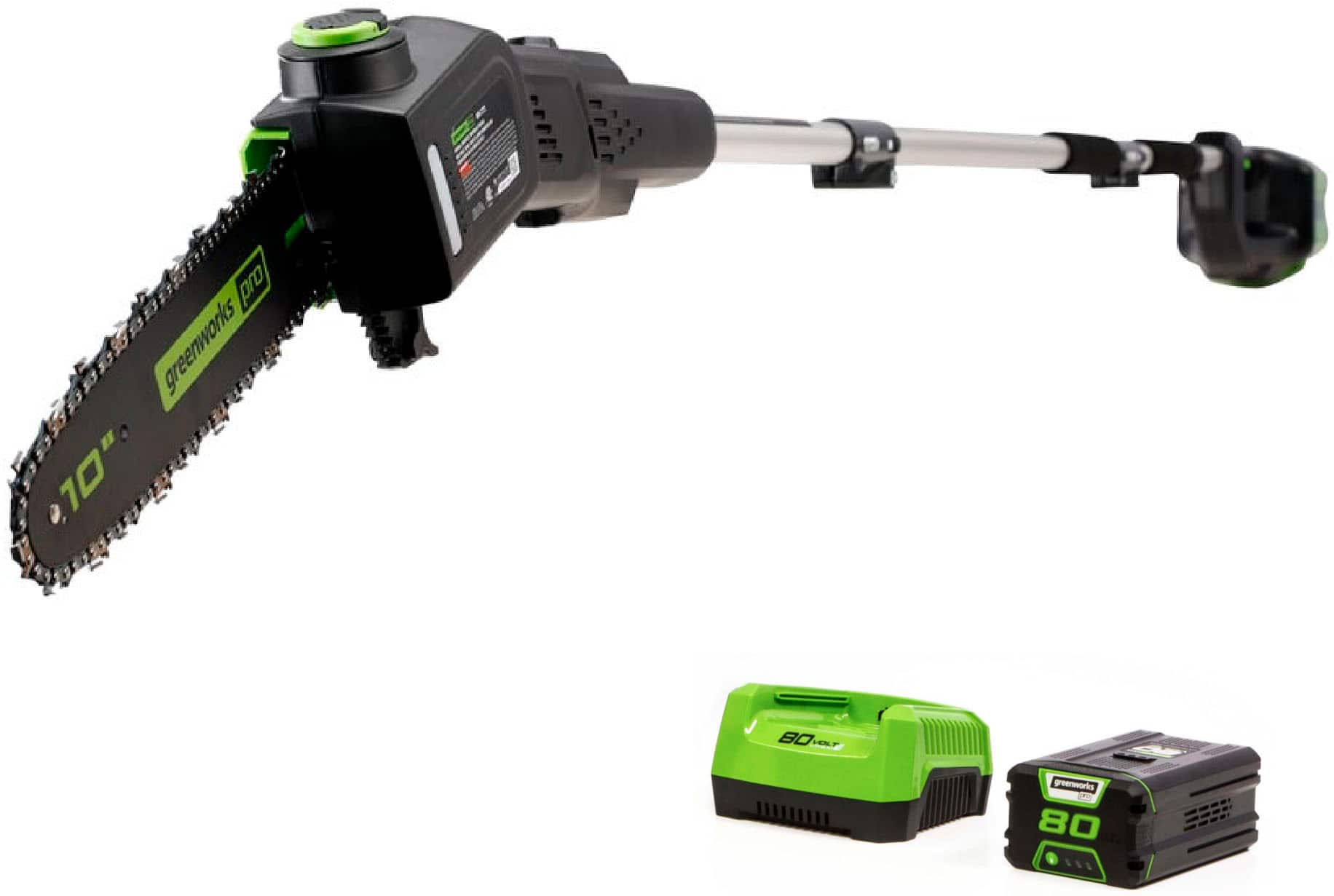 Front. Greenworks - 80-Volt 10-Inch Brushless Cordless Pole Saw with 14.5 foot reach (1 x 2Ah Battery and Charger) - Green.