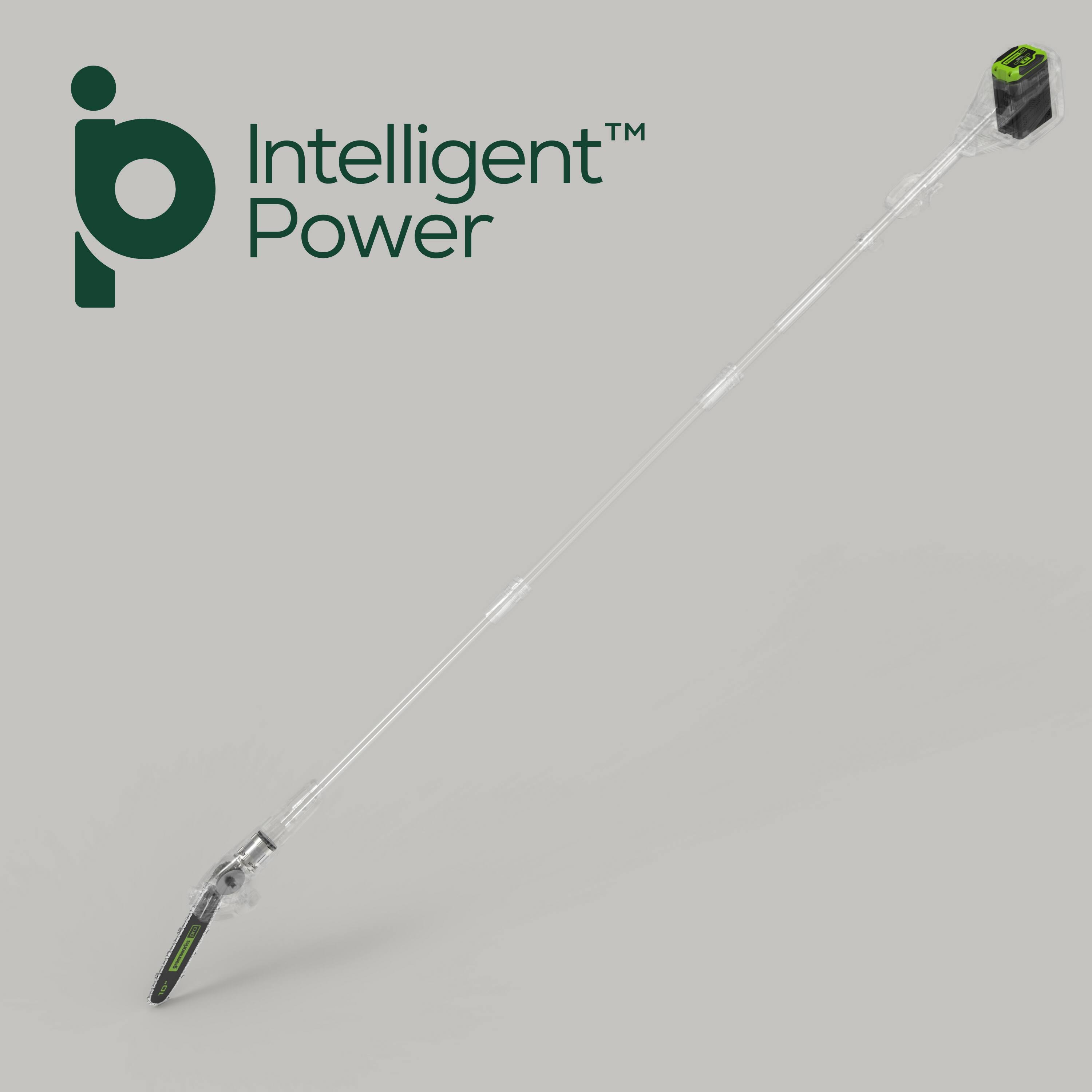 The image features a chainsaw with a green handle, which is a product of Intelligent Power. The chainsaw is shown in a close-up view, highlighting its design and features. The green handle suggests that the chainsaw is designed with ergonomics and user comfort in mind. The image emphasizes the innovative technology and power behind the Intelligent Power chainsaw.