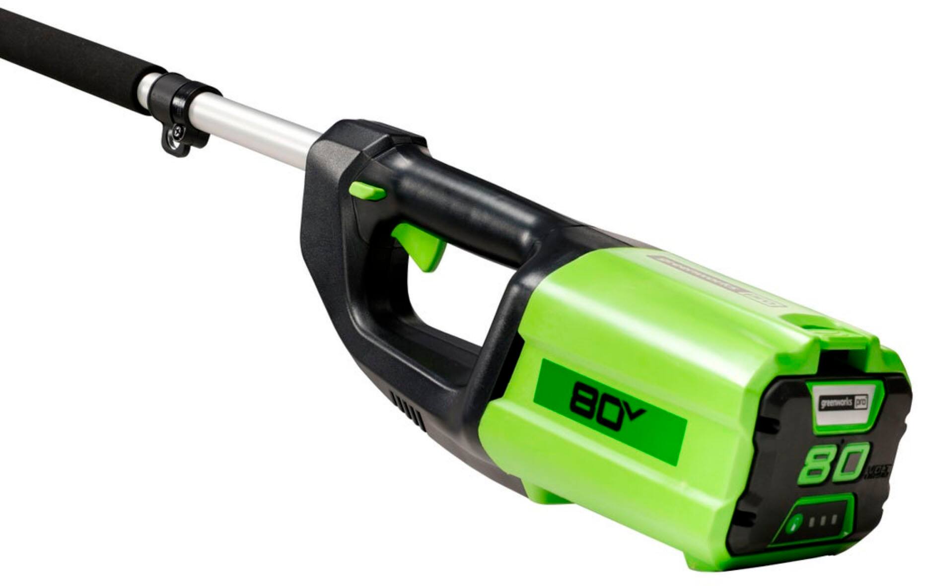 Left. Greenworks - 80-Volt 10-Inch Brushless Cordless Pole Saw with 14.5 foot reach (1 x 2Ah Battery and Charger) - Green.