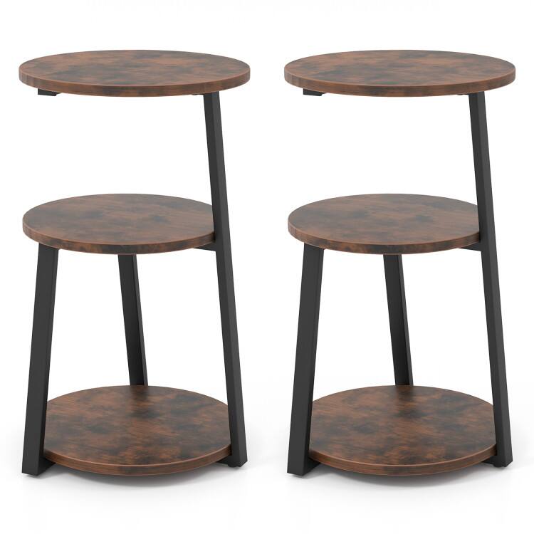 Front. SlickBlue - Modern 3-Tier Round End Table with Sturdy Metal Frame for Bedroom or Living Room - Set Of 2 - Rustic Brown.