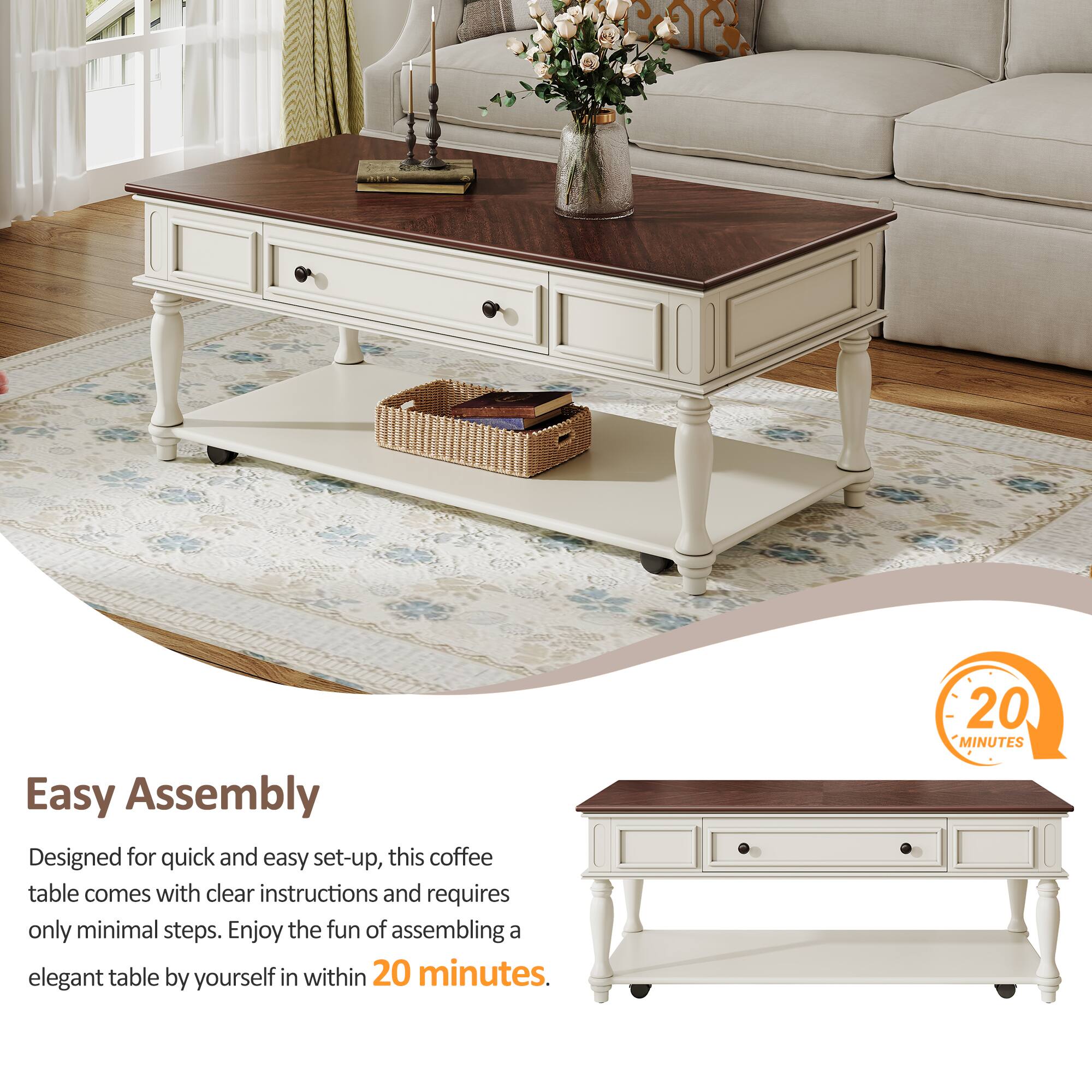 Easy Assembly

Designed for quick and easy set-up, this coffee table comes with clear instructions and requires only minimal steps. Enjoy the fun of assembling a elegant table by yourself in within 20 minutes.