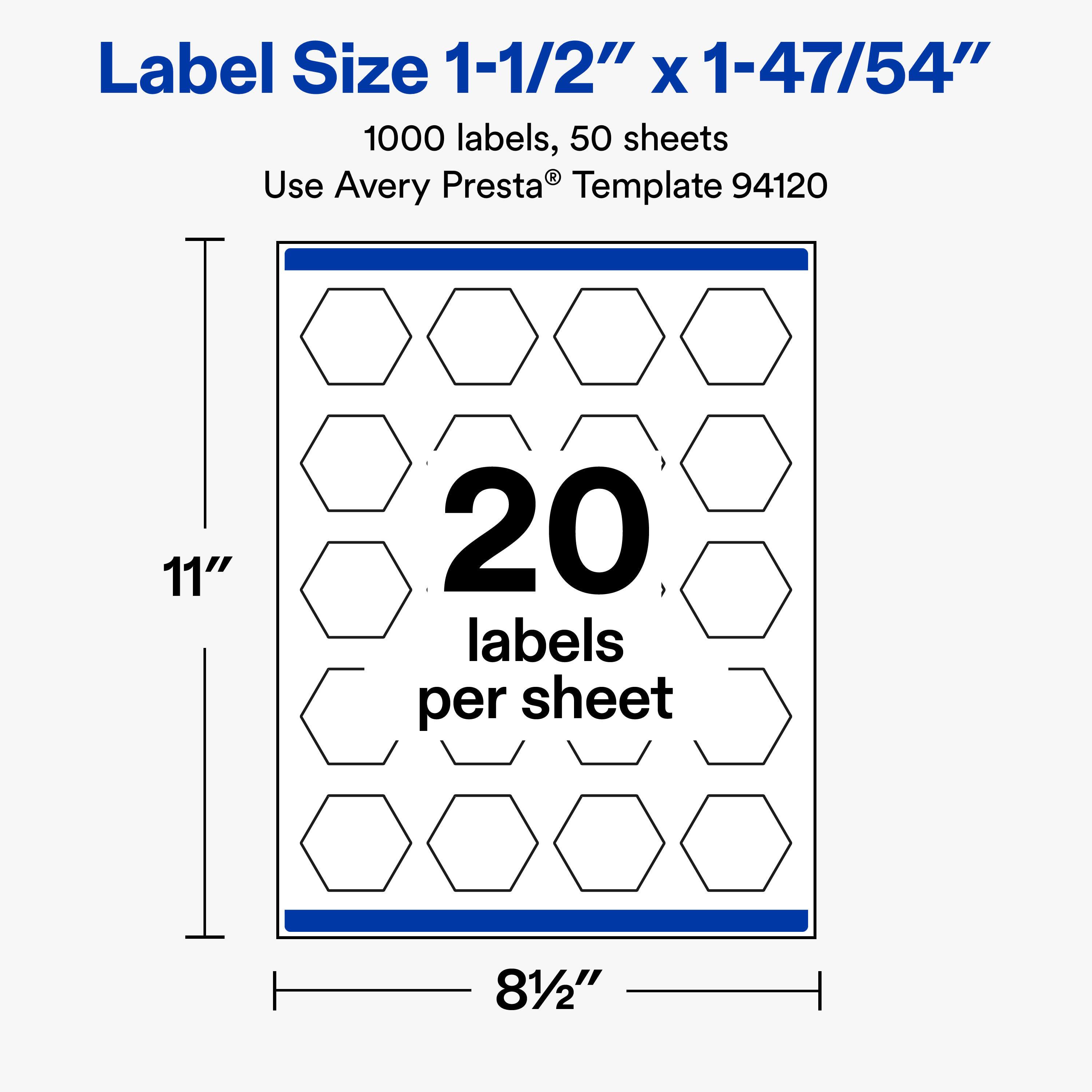 Label Size 1-1/2" X 1-47/54"  
1000 labels, 50 sheets  
Use Avery Presta® Template 94120  

11"  
20 labels per sheet  
81/2"