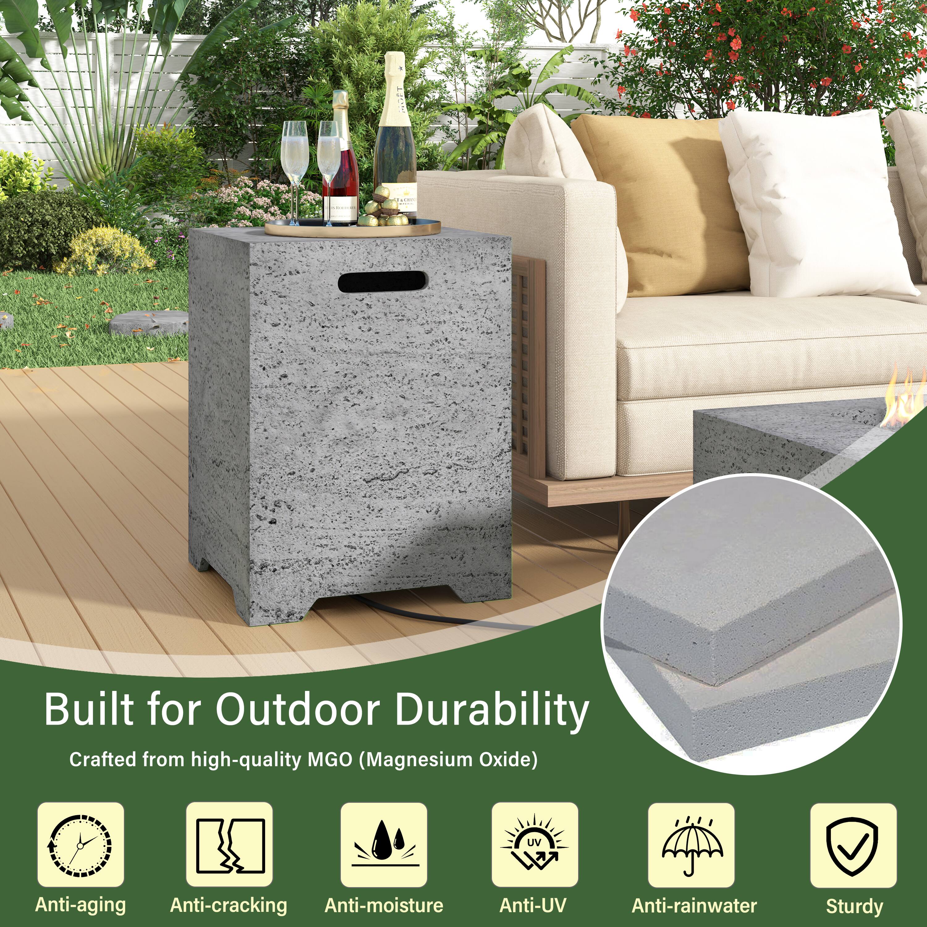 Built for Outdoor Durability  
Crafted from high-quality MGO (Magnesium Oxide)  
Anti-aging  
Anti-cracking  
Anti-moisture  
Anti-UV  
Anti-rainwater  
Sturdy