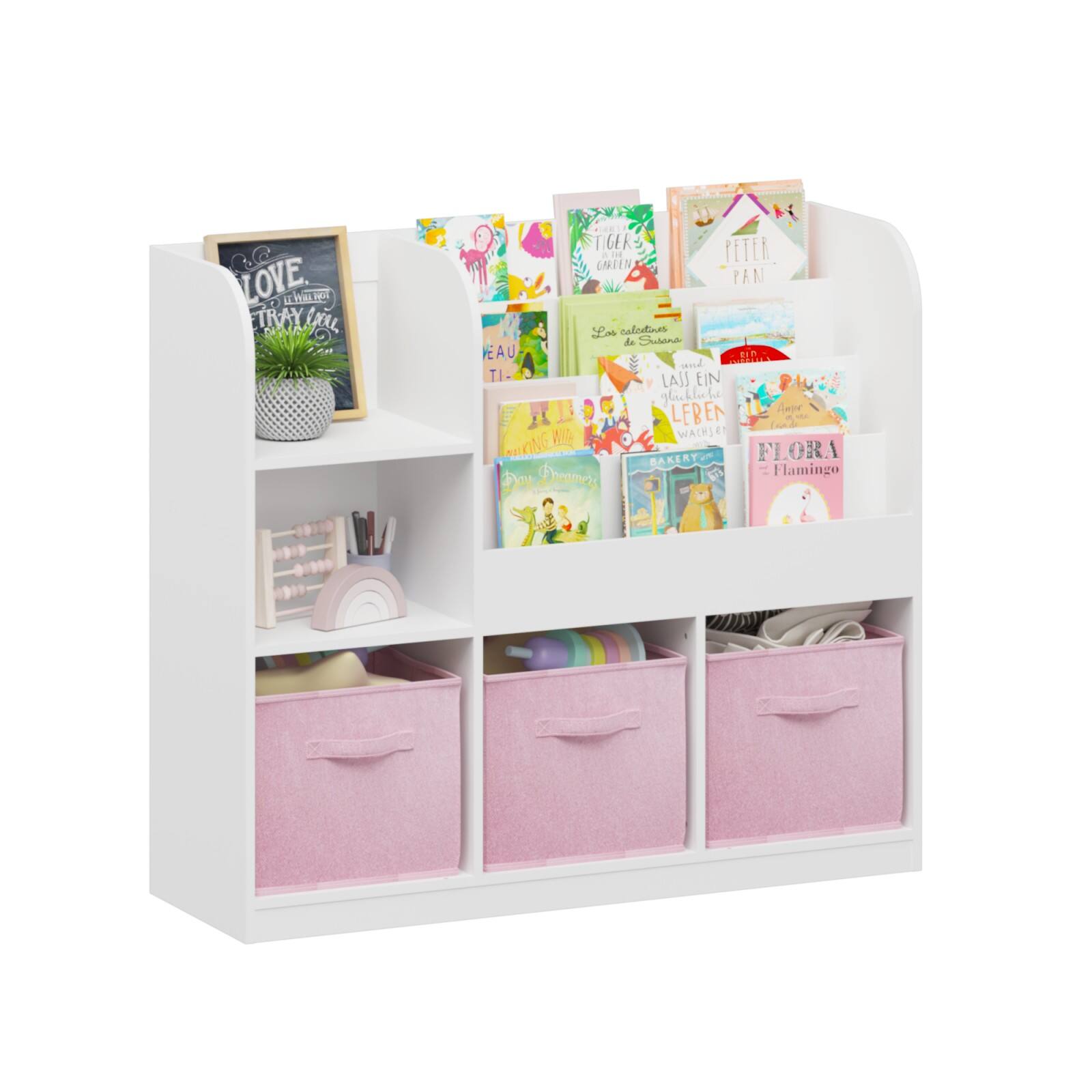 Ecooso - Kids Bookcase and Bookshelf, Multifunctional Bookcase with 3 Collapsible Fabric Drawers, Bookcase Display Stand - White
