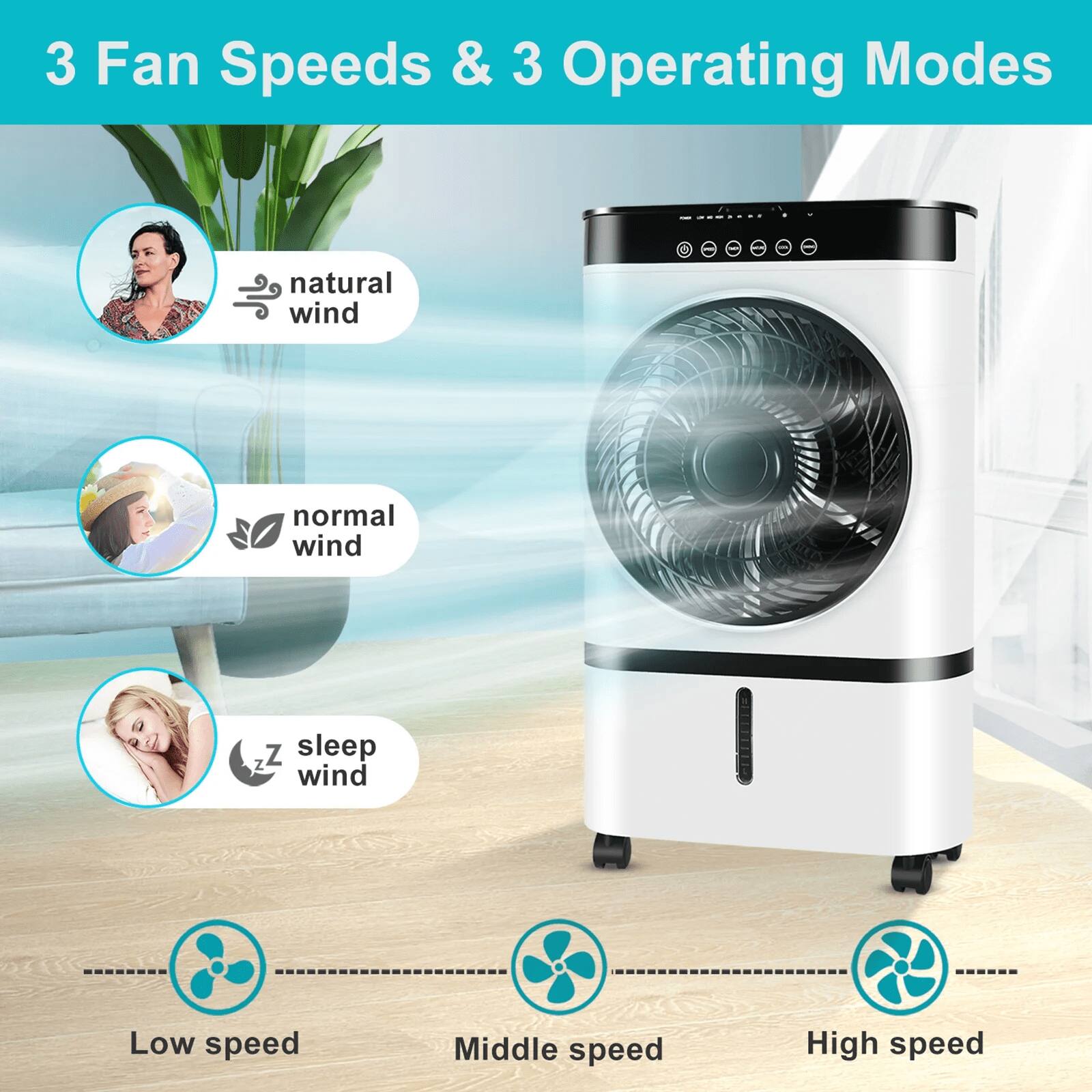 3 Fan Speeds & 3 Operating Modes - natural wind, normal wind, Z sleep Z wind, Low speed, Middle speed, High speed