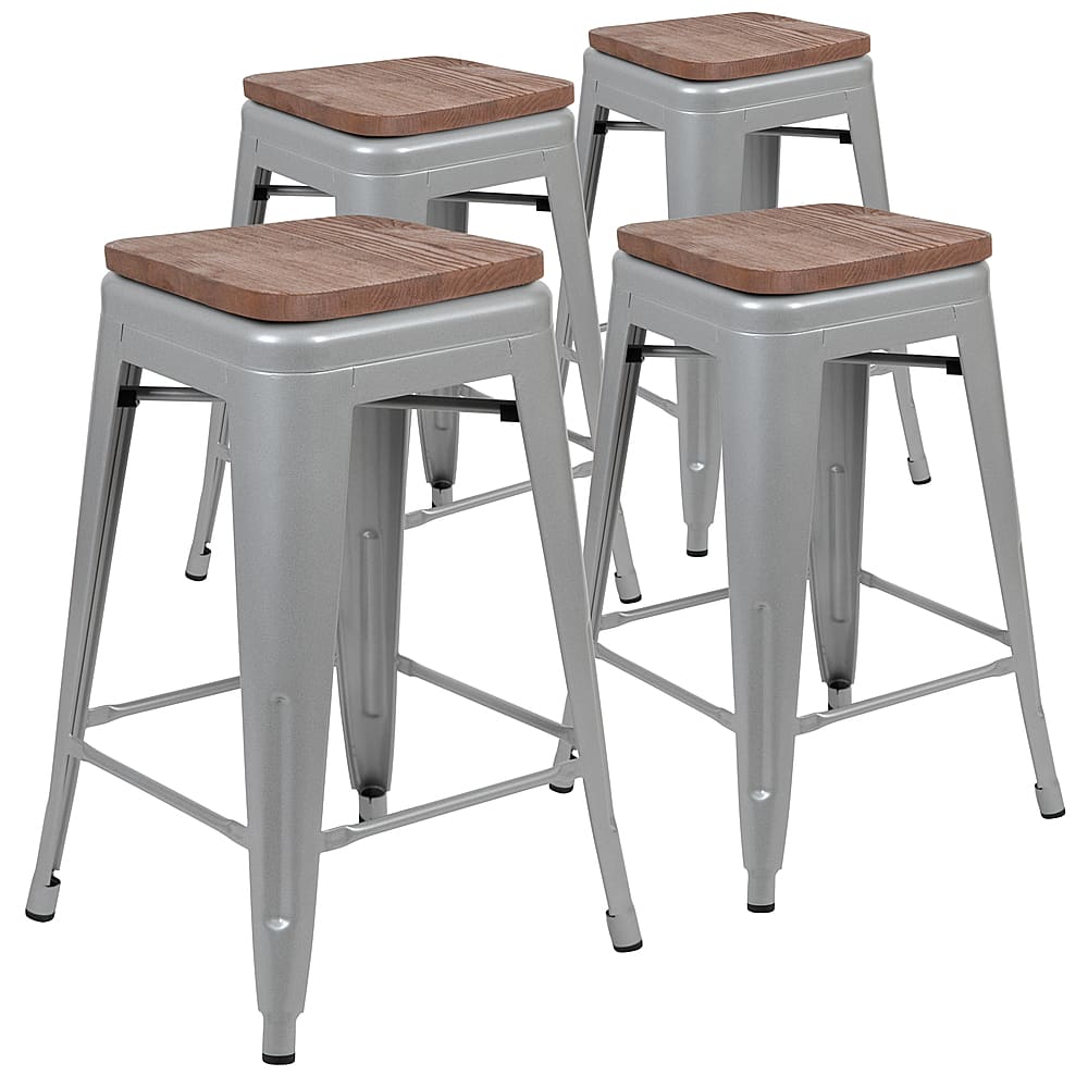 Front. Alamont Home - Metal Frame Bar Stool with Wood Seat (set of 4) - Silver.