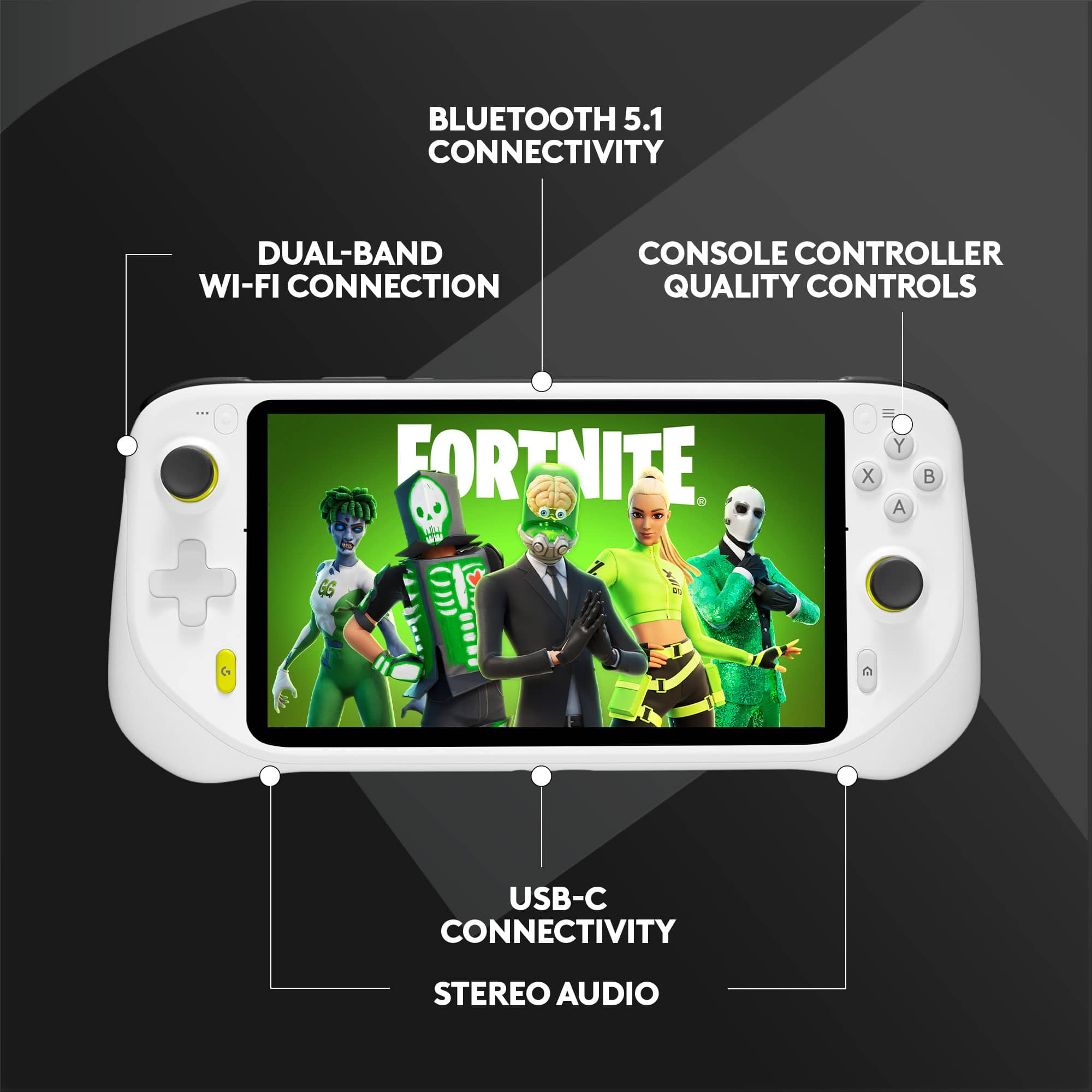 The image features a Nintendo Switch console with a Fortnite game displayed on the screen. The console is equipped with Bluetooth 5.1 connectivity, dual-band Wi-Fi connection, and a console controller. Additionally, the console offers quality controls and stereo audio. The image also shows the USB-C connectivity and the various features of the device.