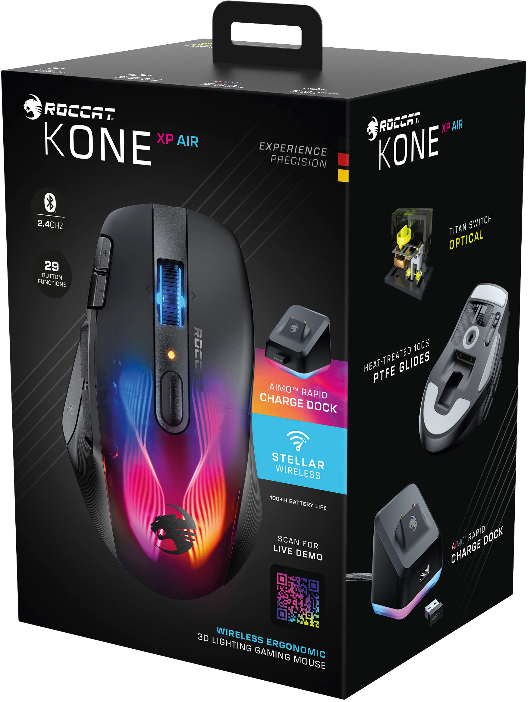 Roccat Kone XP Air – Souris Gaming sans-fil, Capteur Optique 19K DPI, 100h  d’autonomie, Station de charge RGB, éclairage AIMO RGB, Noir