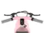 The image features a pink scooter with a black handlebar and a black seat. The scooter has a digital display on the handlebar, which shows the time and possibly other information. The scooter is parked in a white background, making it stand out. The handlebar is equipped with a speedometer and a clock, providing the rider with essential information while riding.