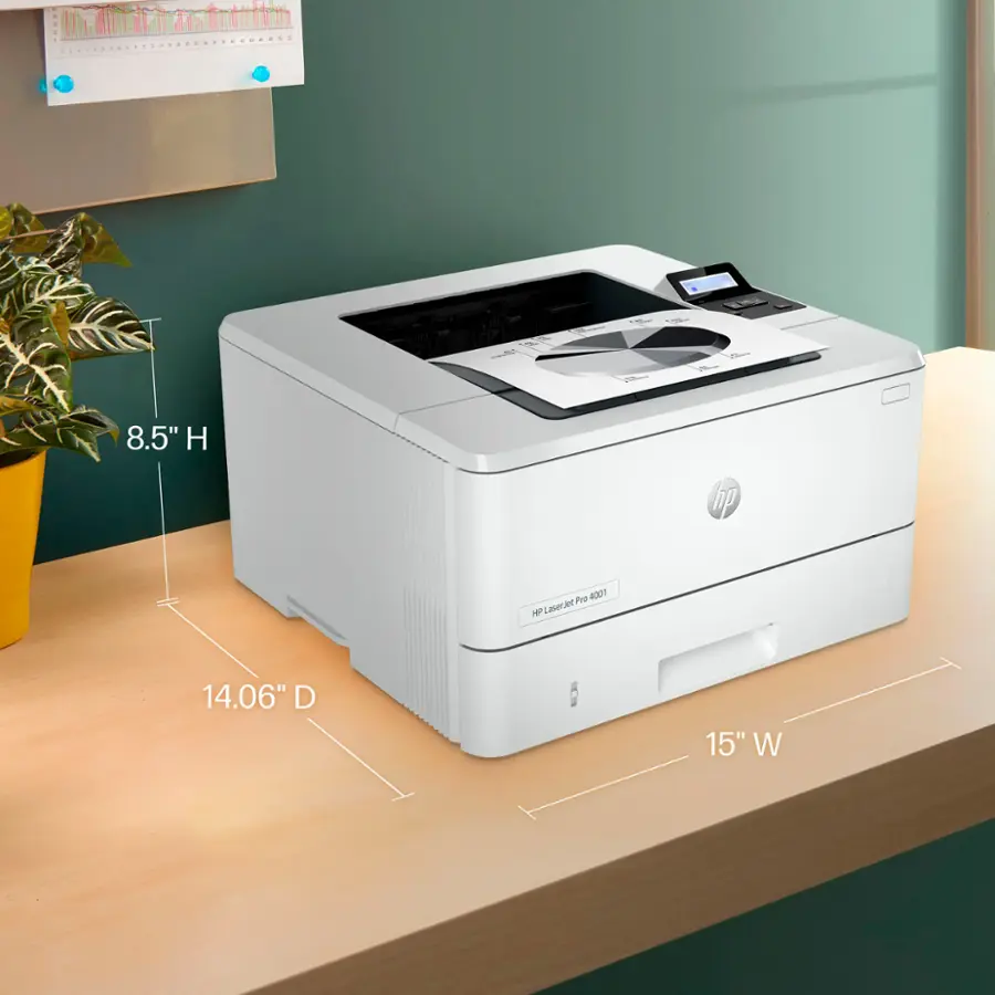 The text on the image reads: "8.5" H hp Pe 4007 LaserJet vet MP 14.06" D 15" W". This text can be grouped and corrected as follows:

"8.5" H hp Pe 4007 LaserJet vet MP 14.06" D 15" W" can be grouped into two sentences:

1. "8.5" H hp Pe 4007 LaserJet vet MP"
2. "14.06" D 15" W"

The first sentence describes the dimensions of the printer, while the second sentence provides additional information about the printer's features.