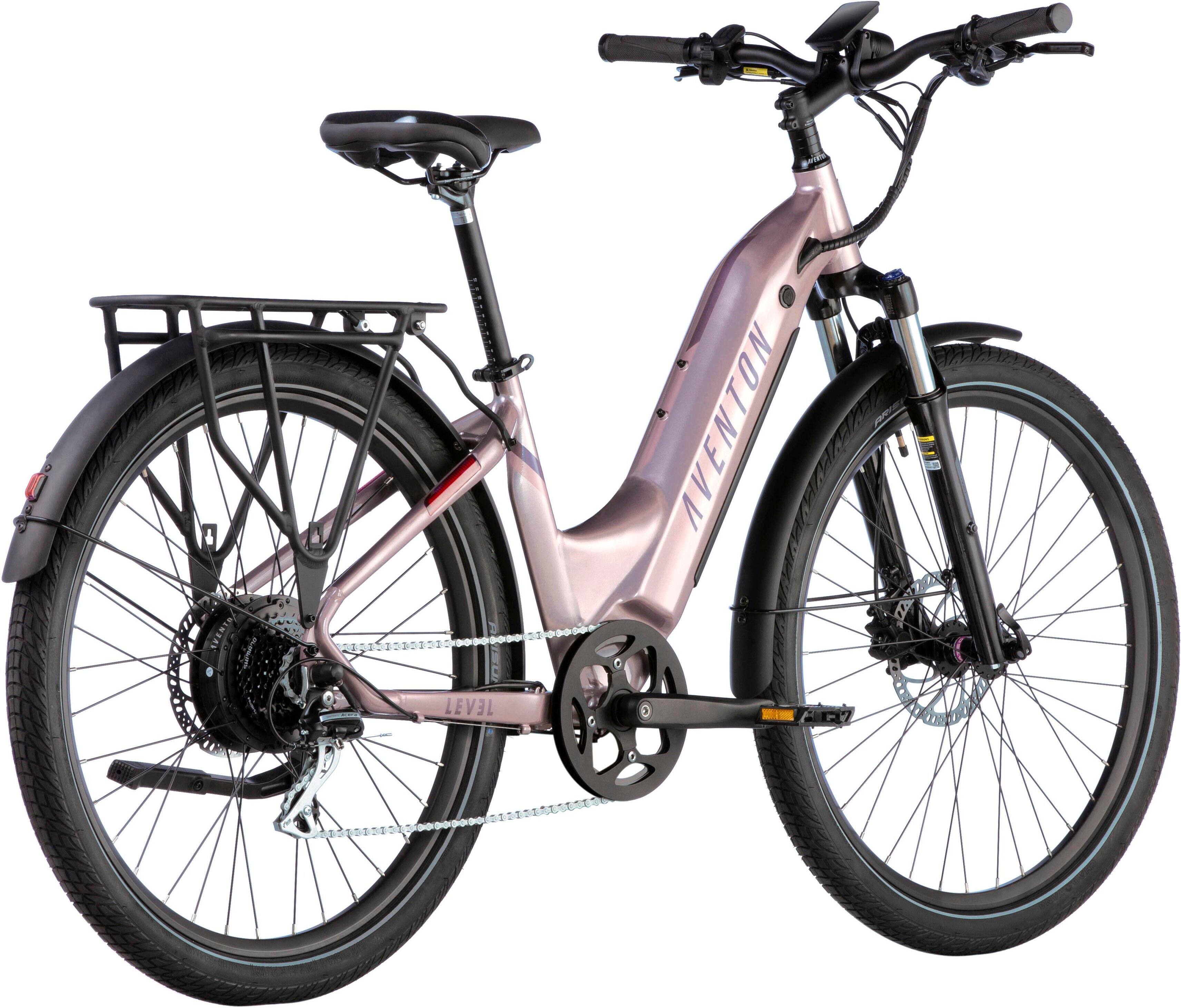 Left View: Aventon - Level.2 Commuter Step-Through eBike w/ up to 60 miles Max Operating Range and 28 MPH Max Speed - Small/Medium - Himalayan Pink