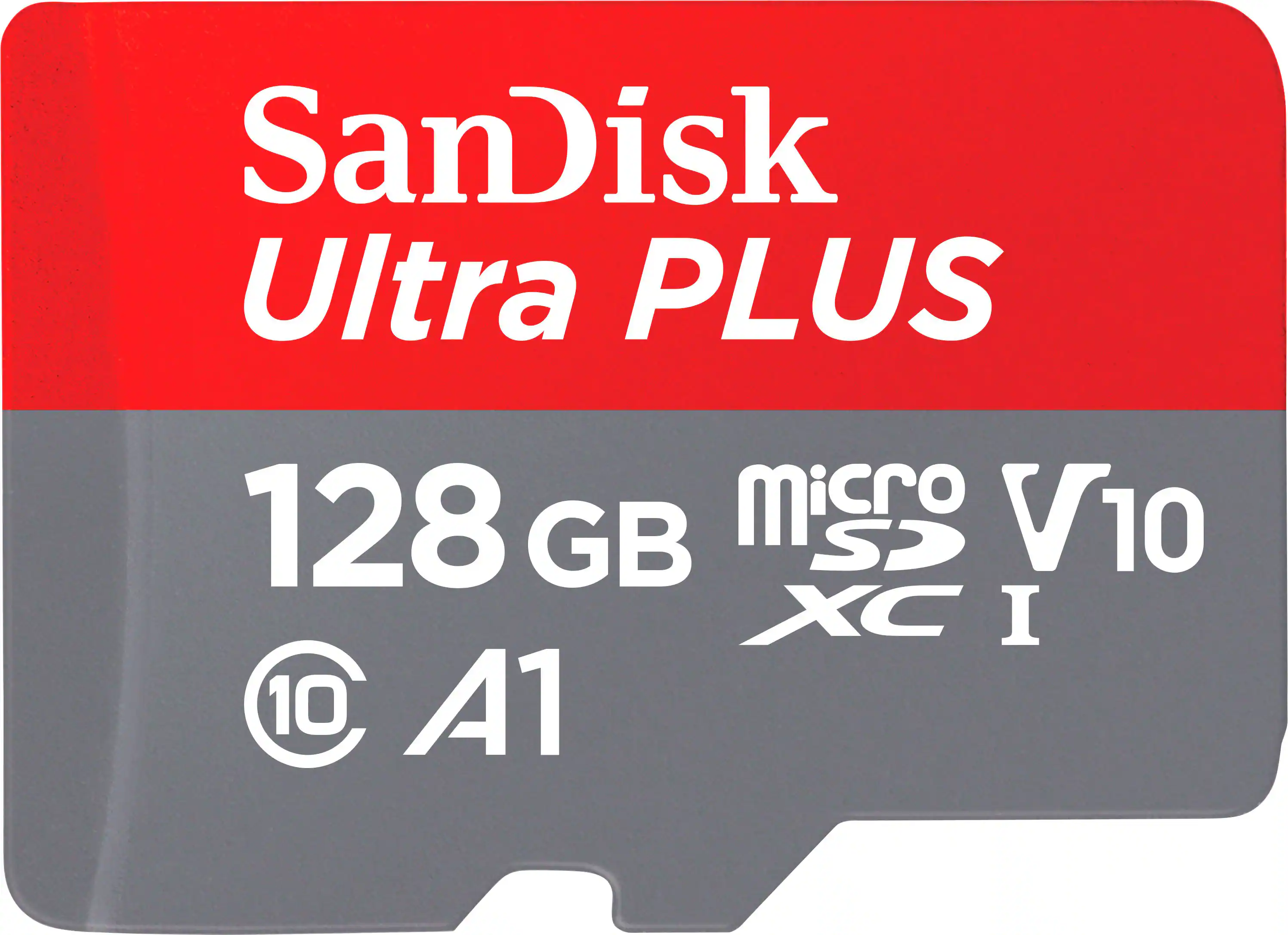 Front. SanDisk - Ultra PLUS 128GB microSDXC UHS-I Memory Card - Gray/Red.