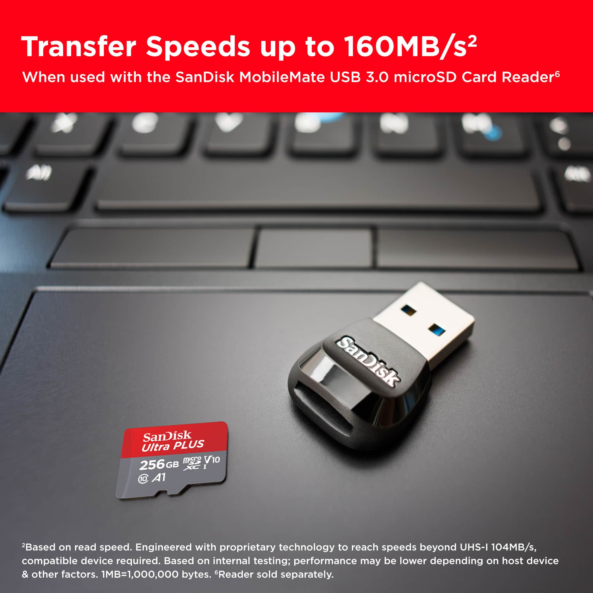 Transfer Speeds up to 160MB/s2 When used with the SanDisk MobileMate USB 3.0 microSD Card Reader. SanDisk Ultra PLUS 256GB microSDXC UHS-I card. Based on read speed. Engineered with proprietary technology to reach speeds beyond UHS-I 104MB/s. Compatible device required. Based on internal testing; performance may be lower depending on host device & other factors. 1MB=1,000,000 bytes. Reader sold separately.