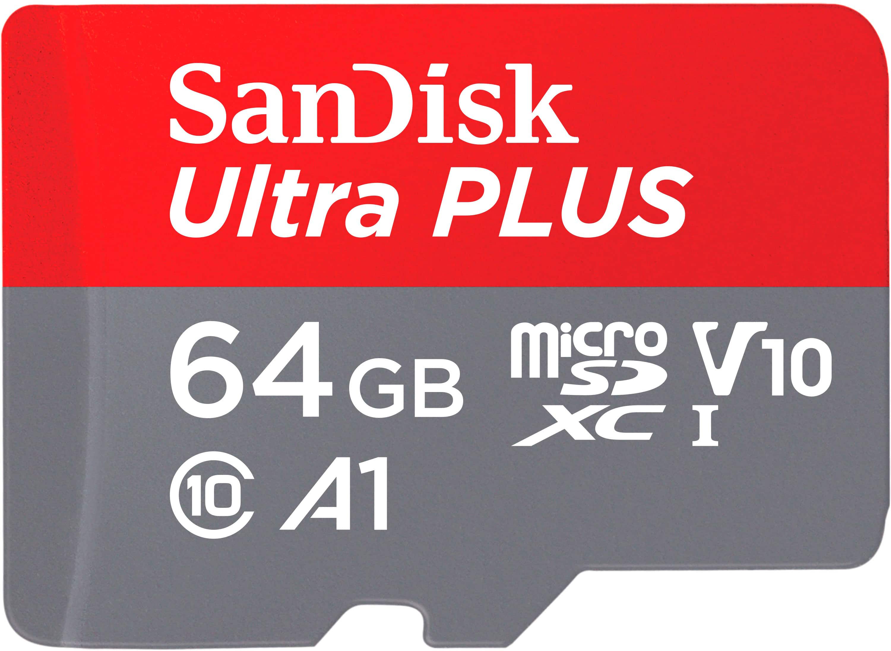 Front. SanDisk - Ultra PLUS 64GB microSDXC UHS-I Memory Card - Gray/Red.