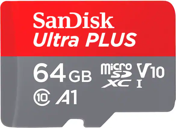 Front. SanDisk - Ultra PLUS 64GB microSDXC UHS-I Memory Card - Gray/Red.