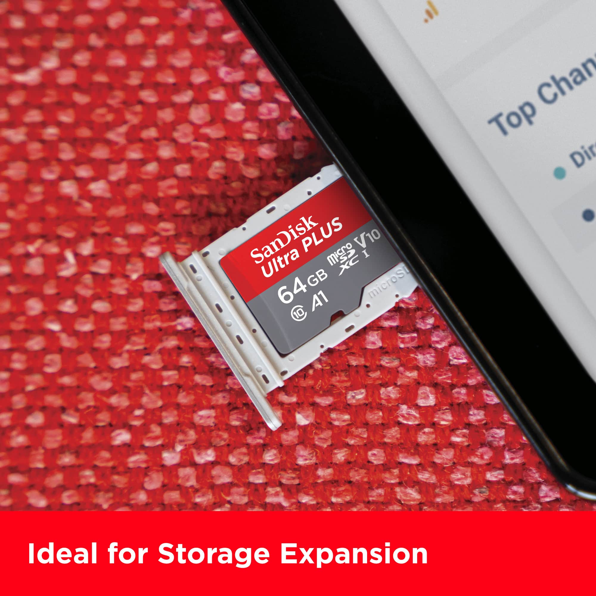 The text on the image reads: "Ideal for Storage Expansion SanDisk PLUS V10 microSD Ultra 64GB microSDXC A1 C10 Top Dir Ideal for Storage Expansion."