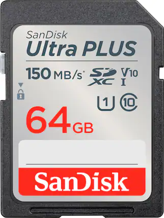 Front. SanDisk - Ultra PLUS 64GB SDXC UHS-I Memory Card - Black/Silver.