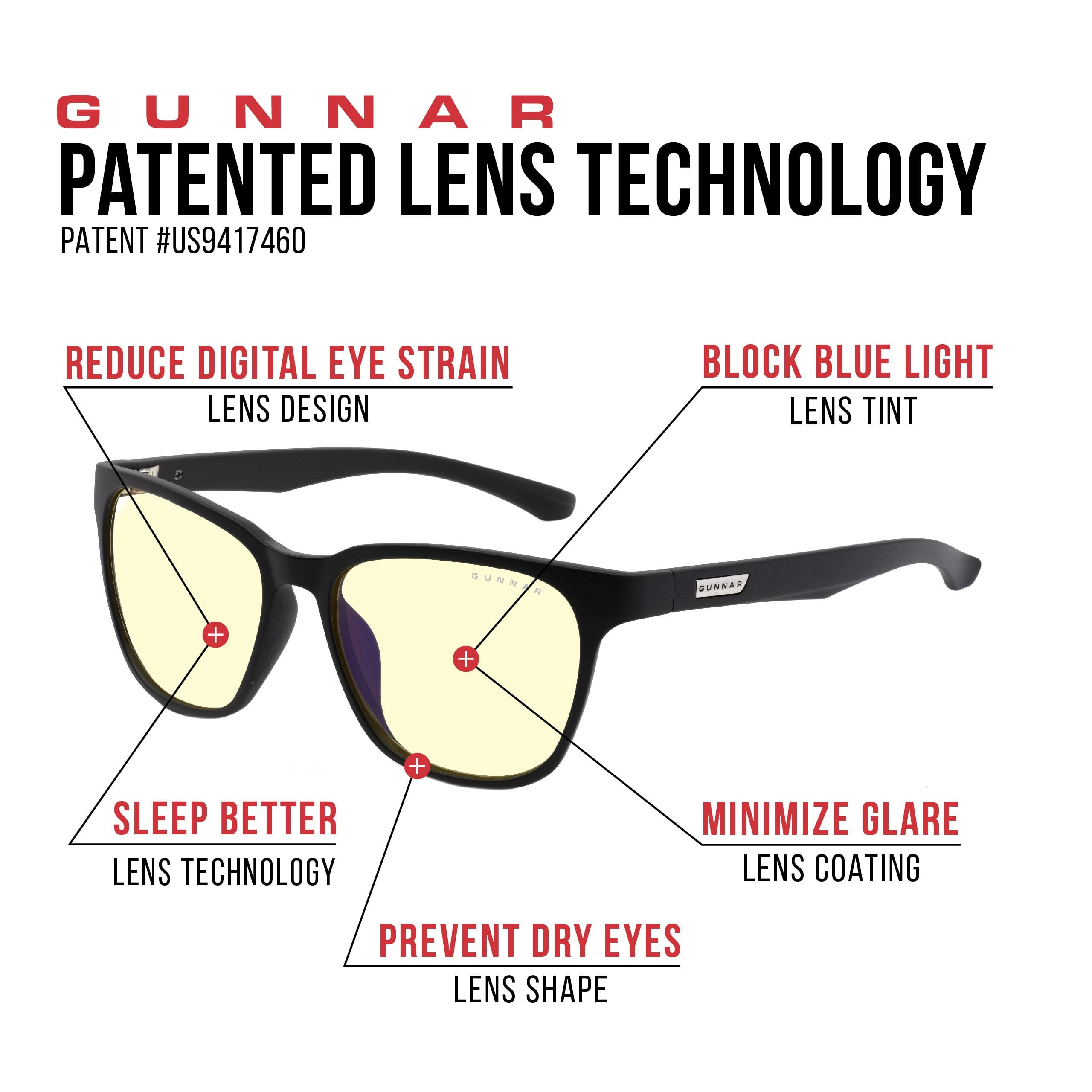 GUNNAR Patented Lens Technology
* Reduce digital eye strain
* Lens design
* Block Blue Light
* Lens tint
* Sleep better
* Lens technology
* Minimize glare
* Lens coating
* Prevent dry eyes
* Lens shape