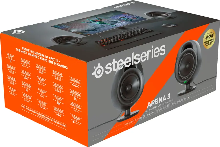 The box contains a pair of Steelseries Arctis 3 gaming headphones and speakers. These headphones and speakers are designed for high-quality gaming experiences and have been awarded for their performance. The box also includes a full-range control and drivers for optimal gaming performance.
