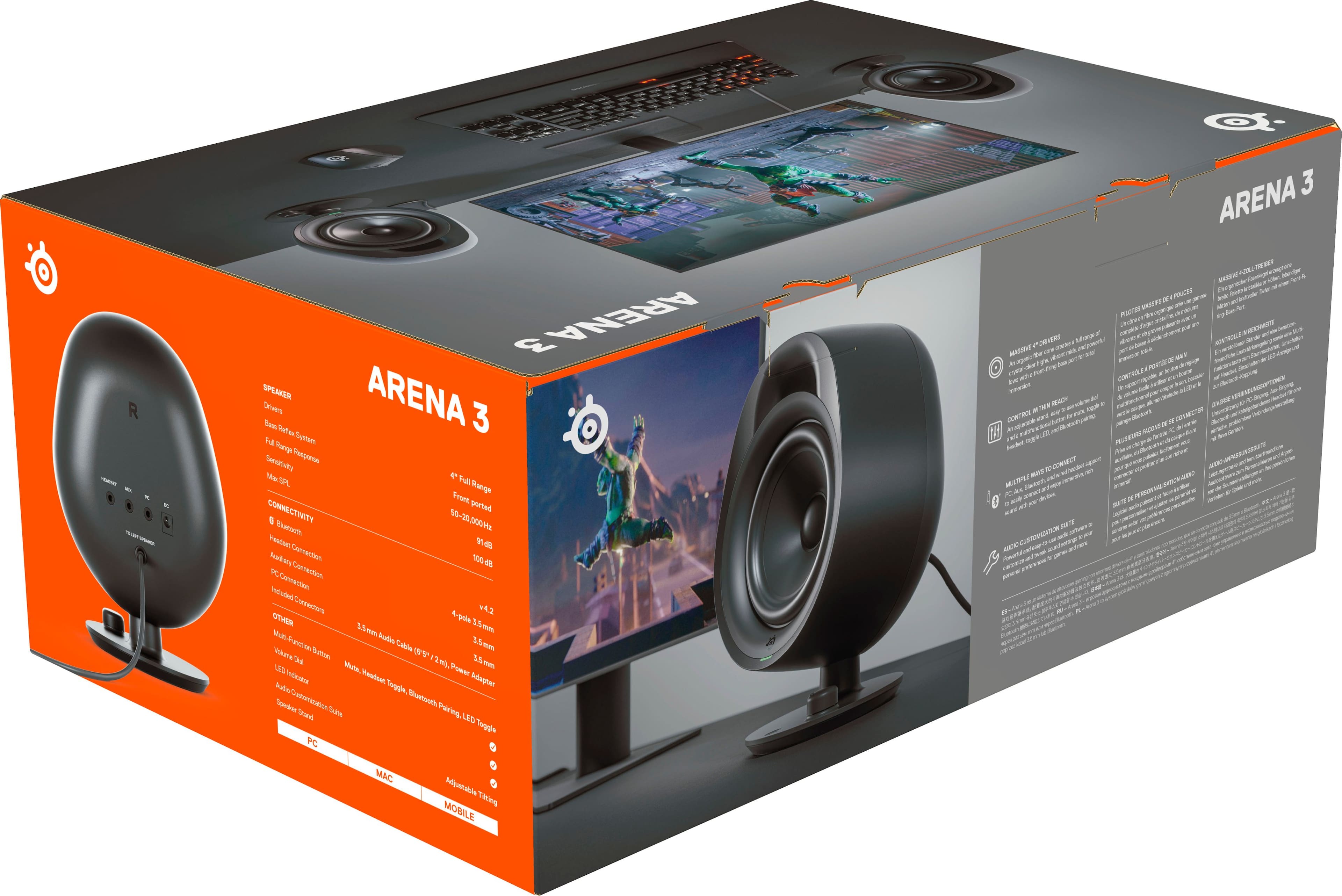 The box contains an Arena 3 speaker system, which includes a subwoofer and a speaker. The system has a full range front and rear speaker setup, and it is compatible with various devices such as PCs, laptops, and mobile phones. The box also includes a user manual and a quick start guide for easy setup and use.