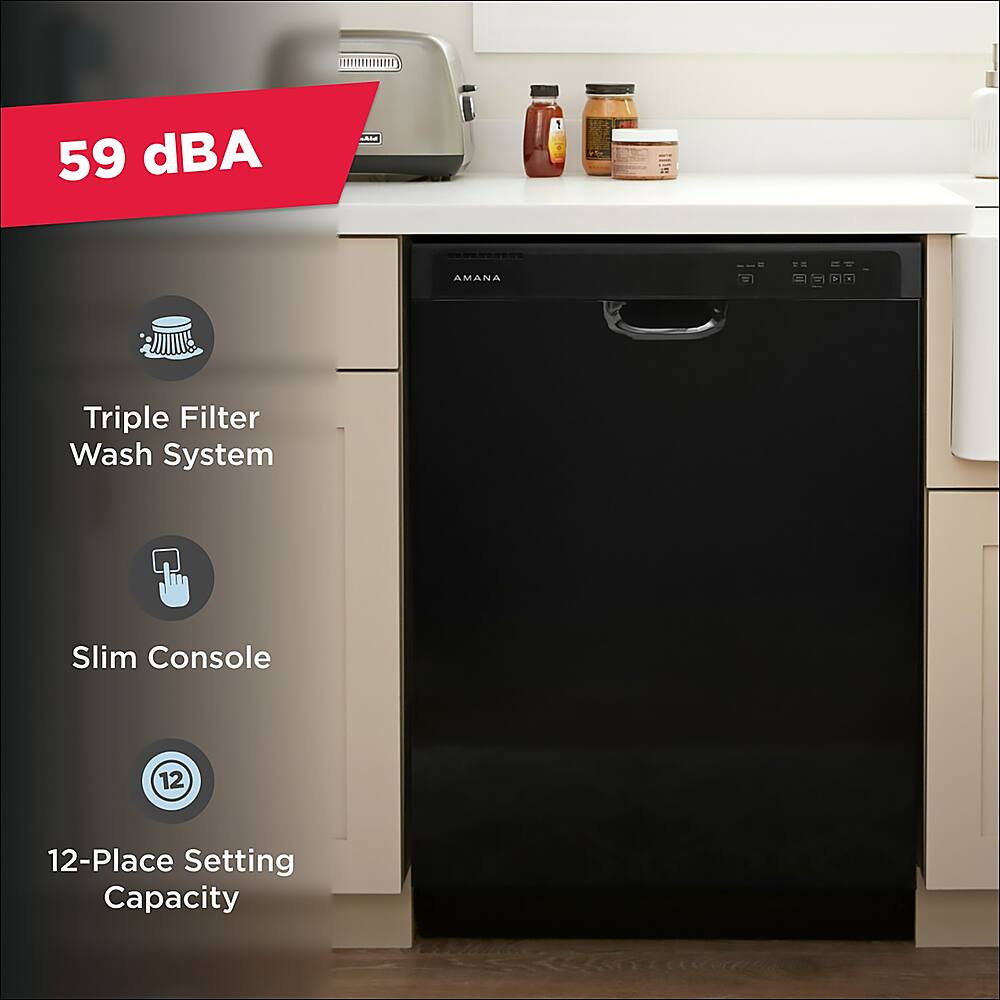 The text from the image is: "59 dBA -- 12-Place Setting Capacity Slim Console Triple Filter Wash System."