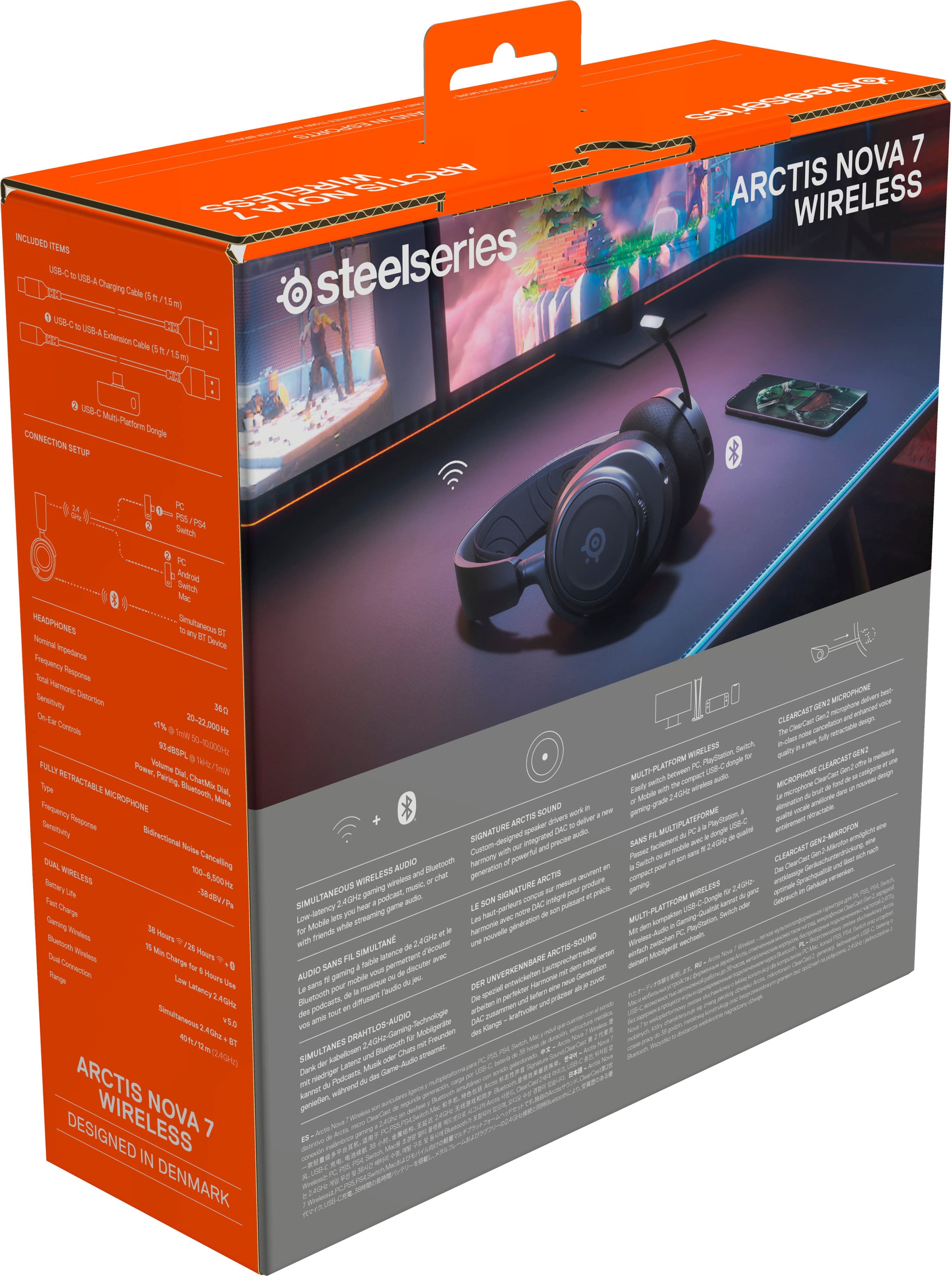 The image features a box for the Arctis Nova 7 Wireless headphones. The box is orange and has a picture of the headphones on the front. The headphones are designed in Denmark and are compatible with multiple platforms. The box also includes a 3.5mm audio cable for wired connectivity. The headphones are known for their clearcast audio and signature sound quality.