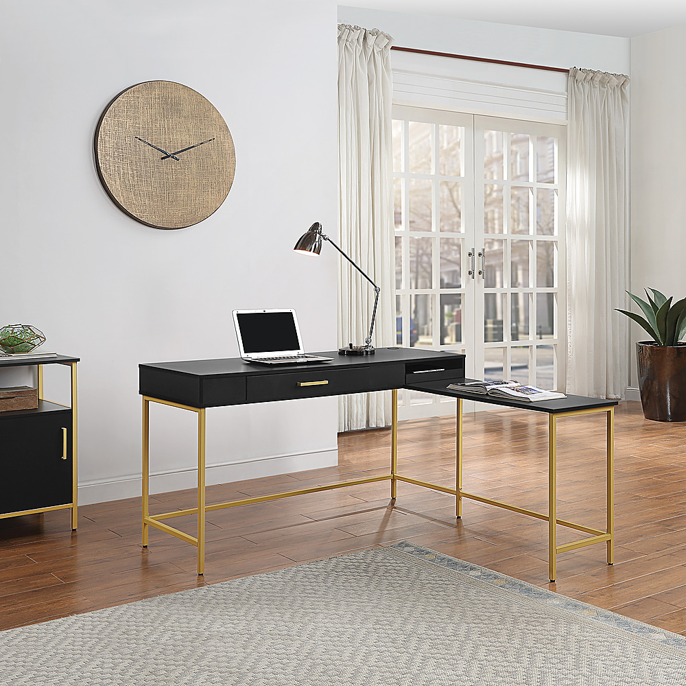 Baton Rouge Engineered Wood Sit-to-Stand L-Desk in Champagne Oak Finish