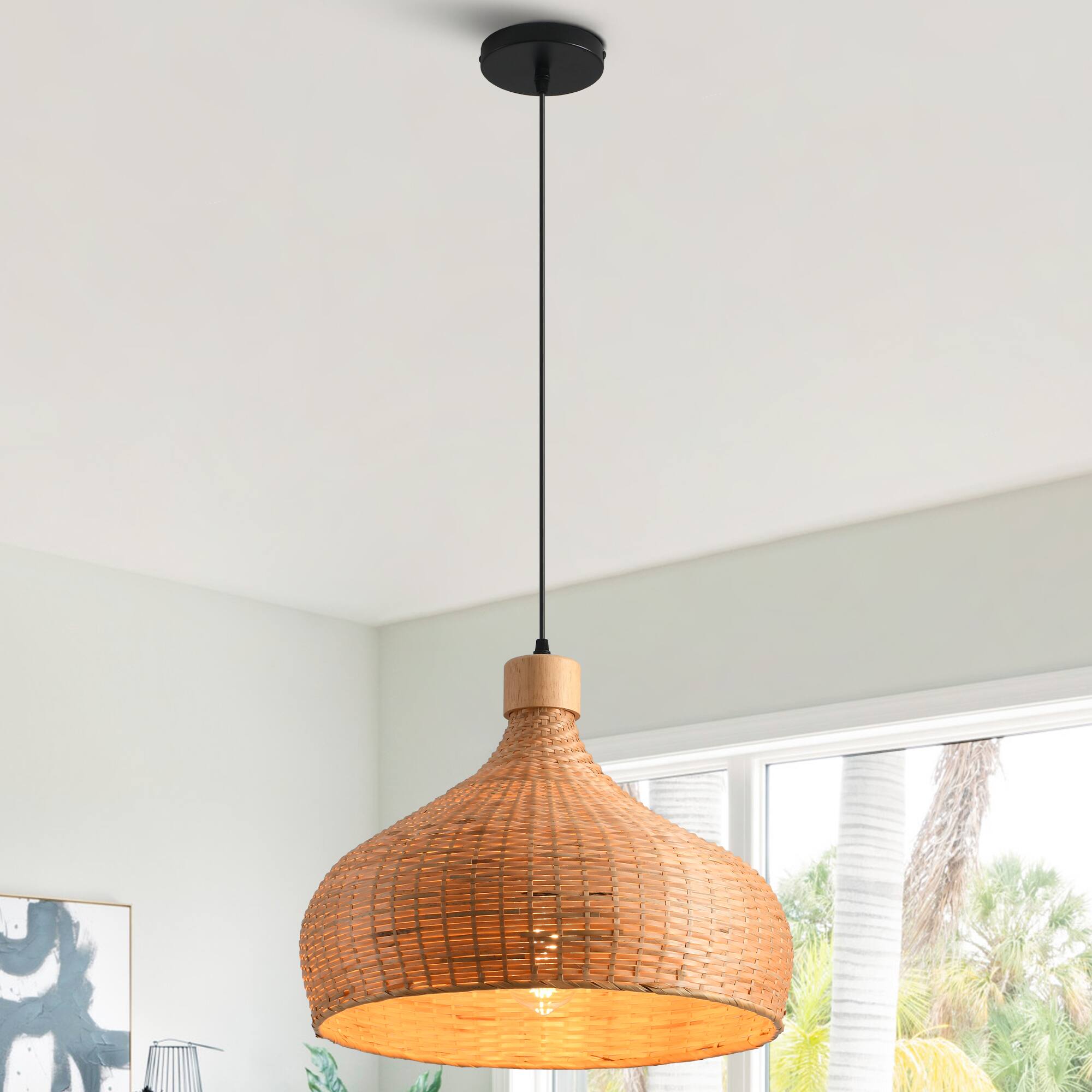 Alt View 1. Parrot Uncle - 1-Light Retro Brown Handmade Bamboo Woven Dome Hanging Pendant Light - Brown.