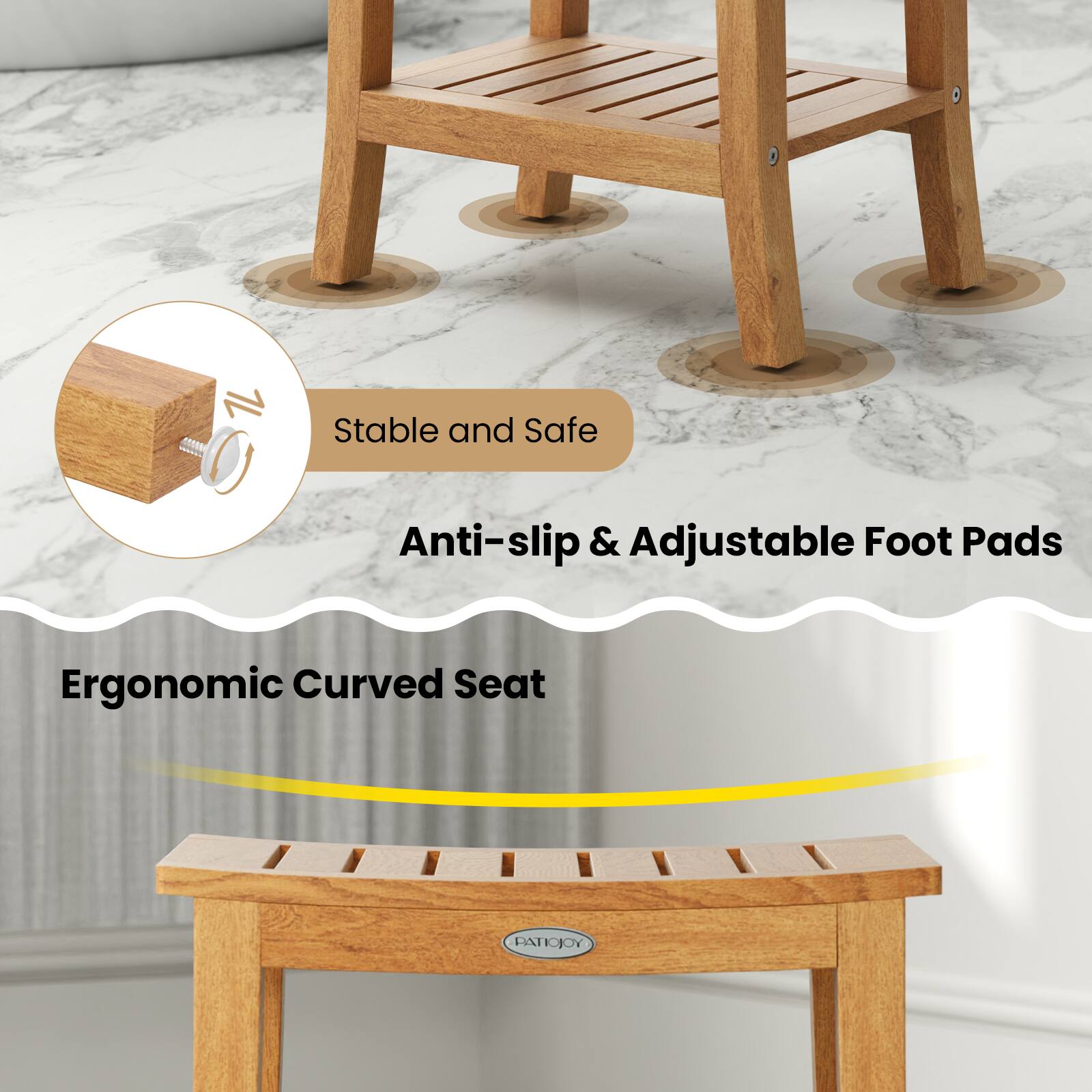 1. Stable and Safe
2. Anti-slip & Adjustable Foot Pads
3. Ergonomic Curved Seat