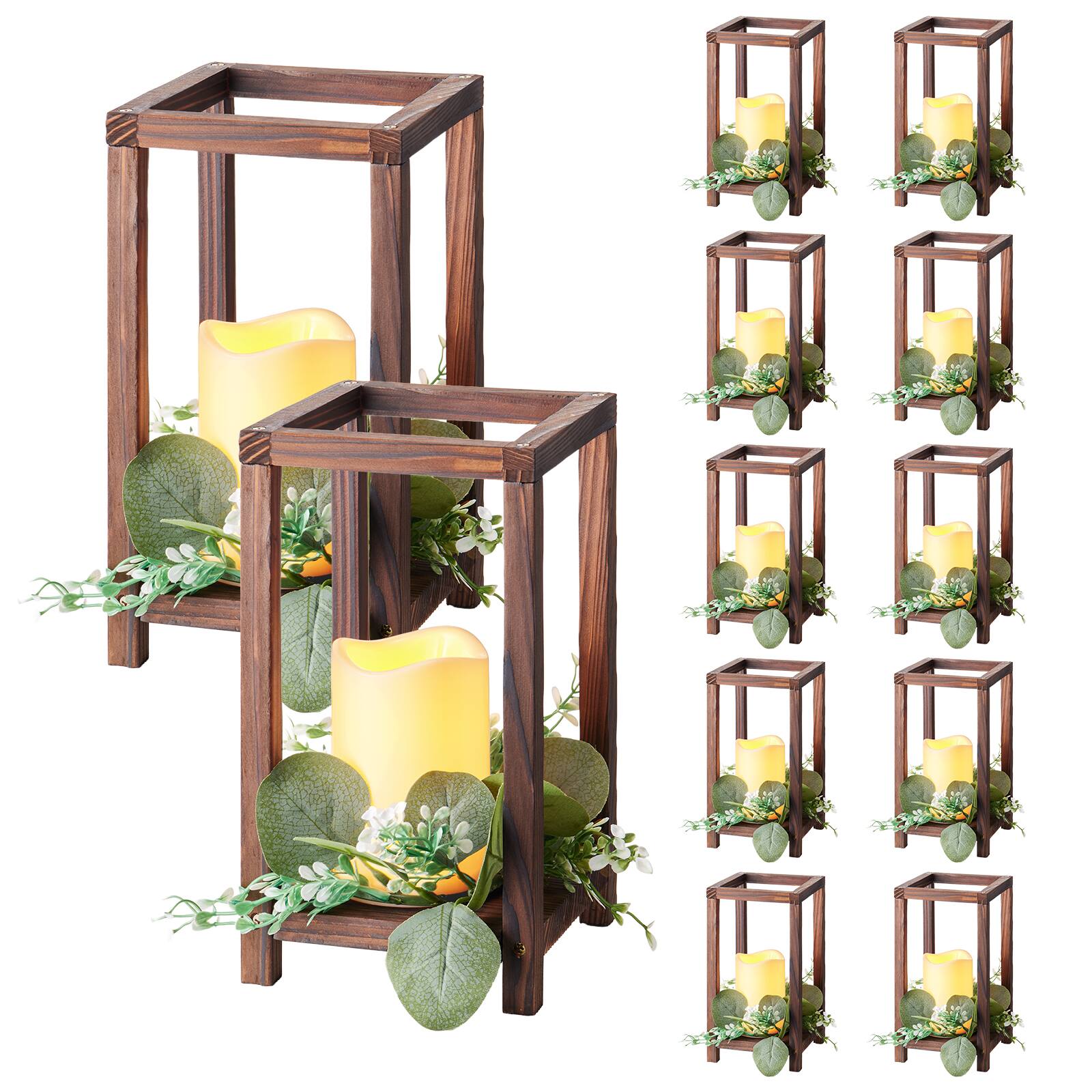 Front. VEVOR - 12 Set/36 Pcs Wooden Wedding Lantern Centerpiece, Includes 12 Wooden Lantern Candle Holder 12 Flameless LED Candle - Brown.