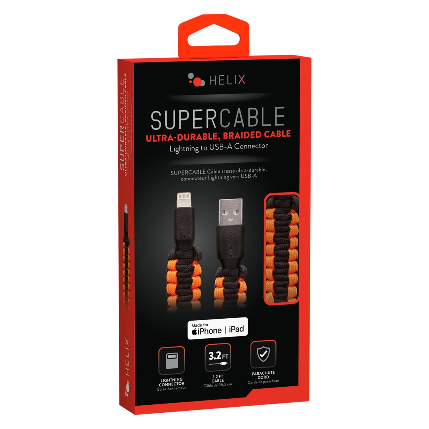 - HELIX CABLE
- SUPERCABLE
- ULTRA-DURABLE, BRAIDED CABLE
- Lightning to USB-A Connector
- Made for iPhone, iPad
- 3.2FT (96.2 cm)
- PARACHUTE CORD