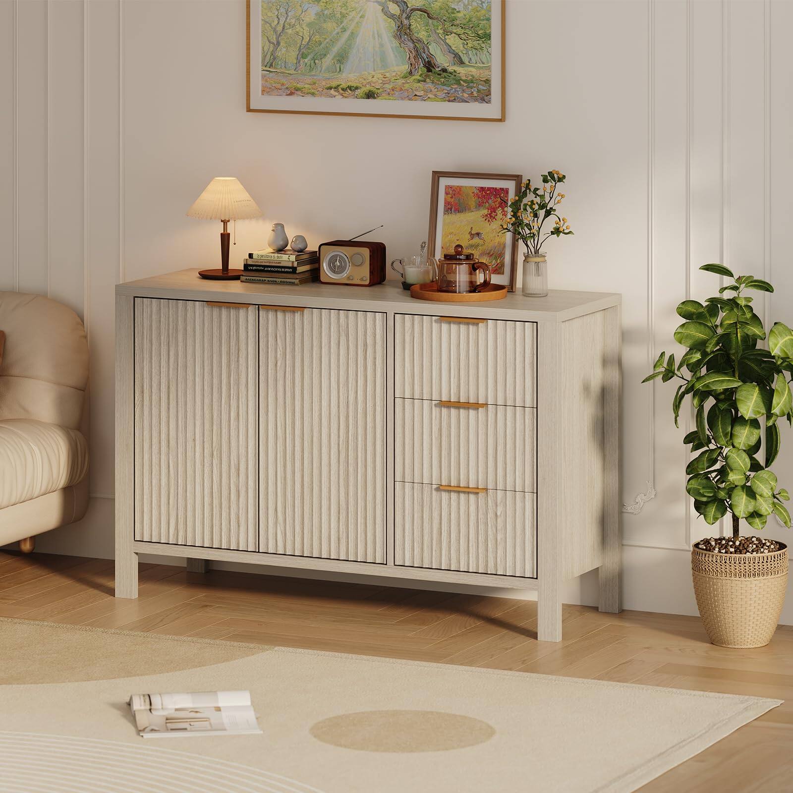 Alt View 3. Babevy - 47" Fluted Sideboard Buffet Cabinet with 3 Drawers & 2 Doors, Wooden Credenza - Natural Oak.