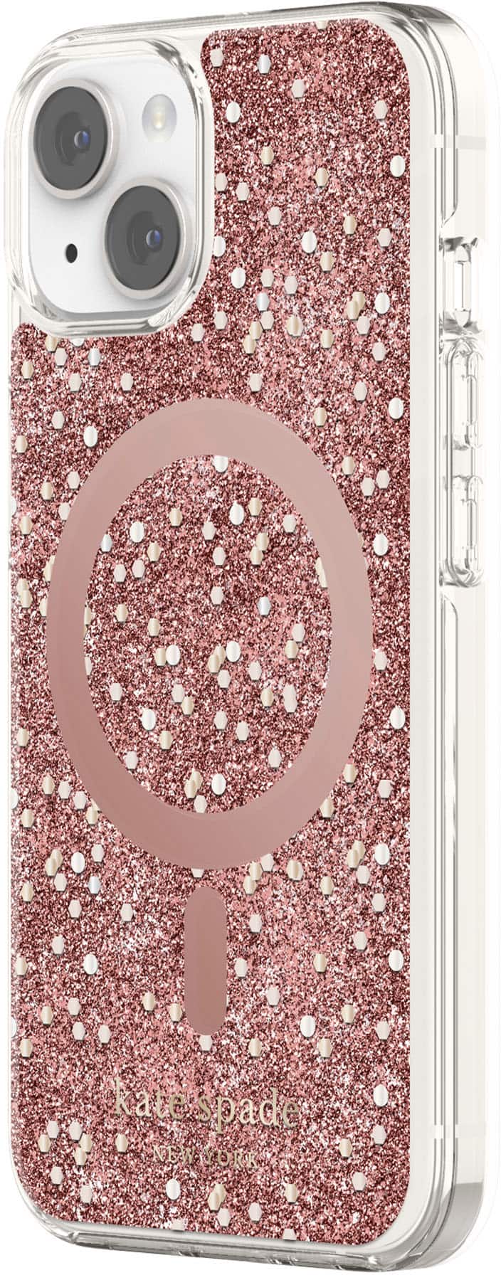 Angle. kate spade new york - Protective Hardshell Magsafe Case for iPhone 14 and iPhone 13 - Chunky Glitter Rose Gold.
