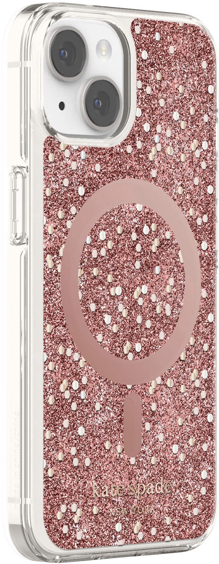 Left. kate spade new york - Protective Hardshell Magsafe Case for iPhone 14 and iPhone 13 - Chunky Glitter Rose Gold.