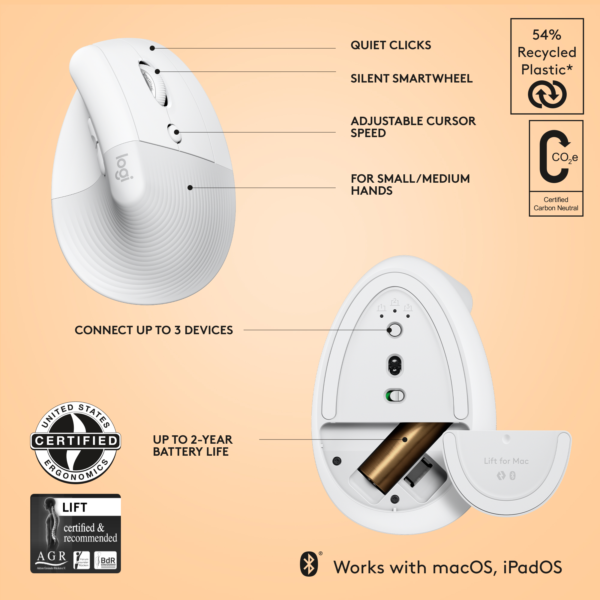 Logitech Lift for Best Buttons Ergonomic Customizable Bluetooth - with Off-White Mouse Mac 910-006471 Buy 4