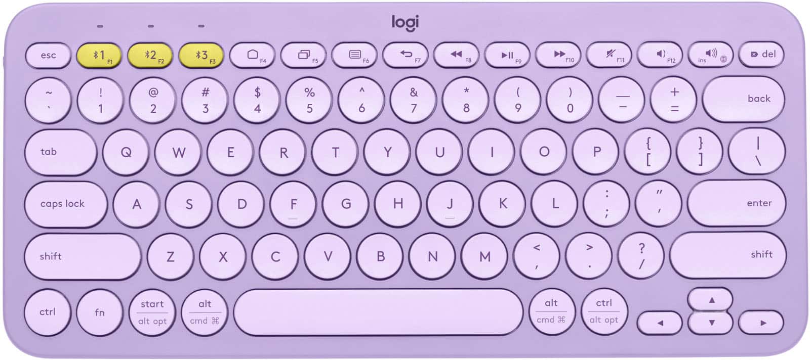 The image shows a purple Logitech keyboard with a purple background. The keyboard has a number pad and a set of function keys. The function keys are labeled with their corresponding numbers, such as F1, F2, F3, F4, F5, F6, F7, F8, F9, F10, F11, and F12. The keyboard also has a set of arrow keys, a backspace key, a delete key, and a number pad. Additionally, there are various other keys, including a shift key, a ctrl key, a fn key, and a cmd key.