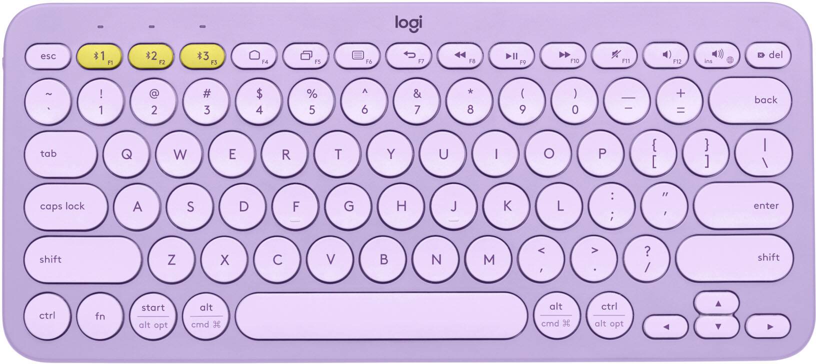 The text on the image is a list of keys on a keyboard. The keys are grouped as follows:
1. Function keys (F1 to F12)
2. Numeric keys (0 to 9)
3. Arrow keys (left, right, up, and down)
4. Punctuation keys (including the backspace, tab, and enter keys)
5. Navigational keys (including the shift, ctrl, fn, start, alt, and cmd keys)
The image shows a close-up view of a purple keyboard with a Logitech logo on it.