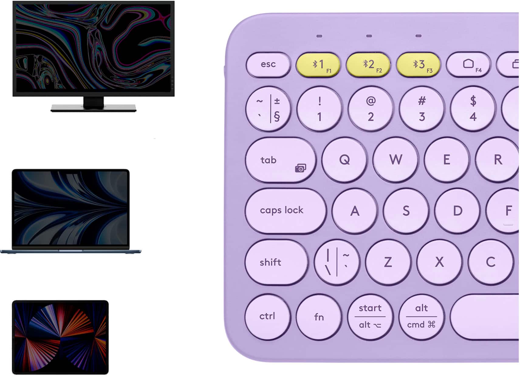 The image shows a purple keyboard with a purple computer monitor. The keyboard has a purple and yellow color scheme, and it is placed next to the monitor. The keyboard has a unique design, with a purple case and yellow keys. The keys are labeled with numbers, and the keyboard also has a purple and yellow color scheme. The keyboard is placed on a white background, which highlights the vibrant colors of the keyboard and monitor.