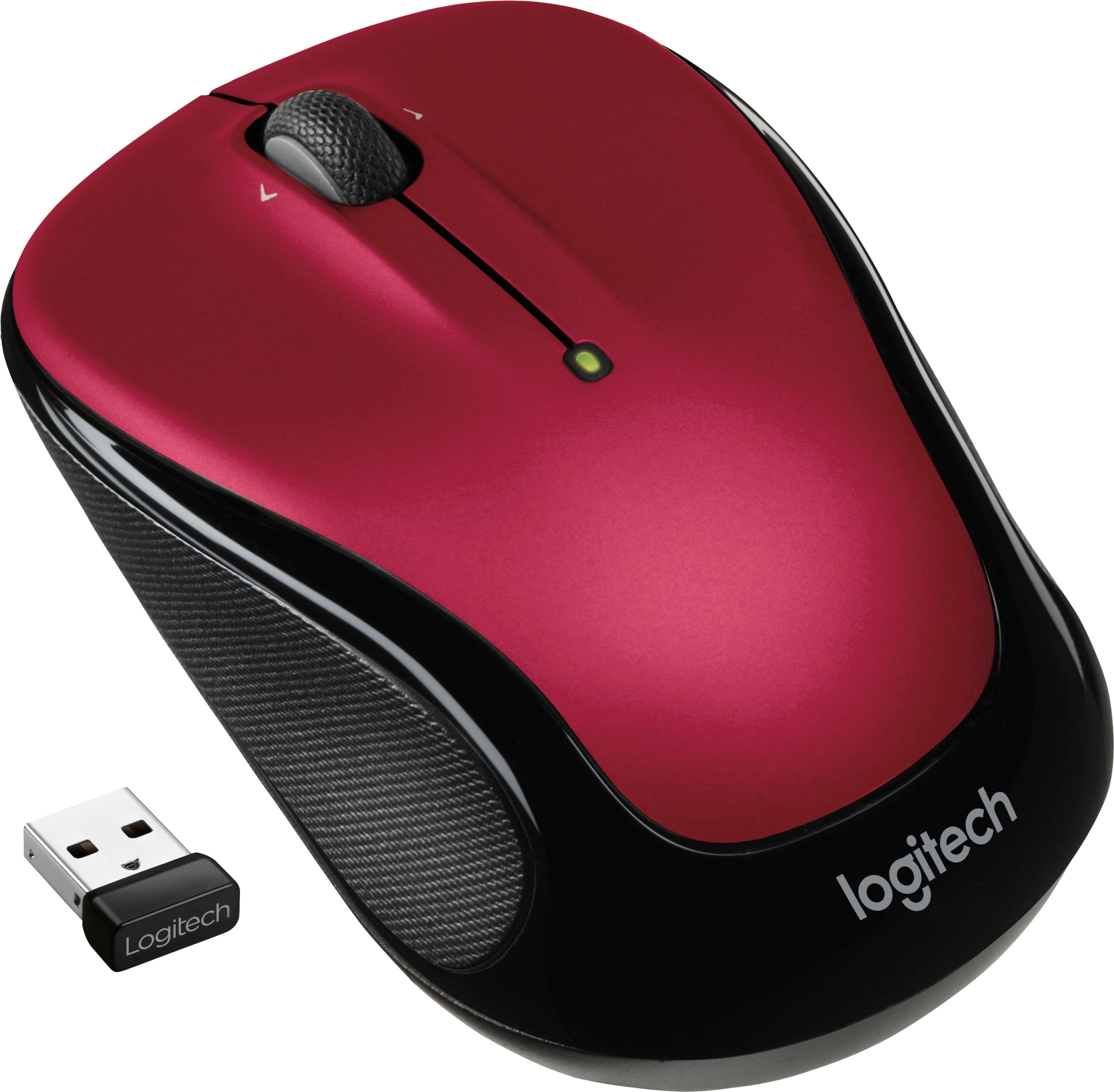 Logitech is a company that manufactures computer peripherals, such as mice, keyboards, and webcams. The image shows a red Logitech mouse with a black body and a USB dongle attached to it. The mouse is designed to work with computers and other devices that have USB ports. The USB dongle is used to connect the mouse to the computer, allowing it to function properly.