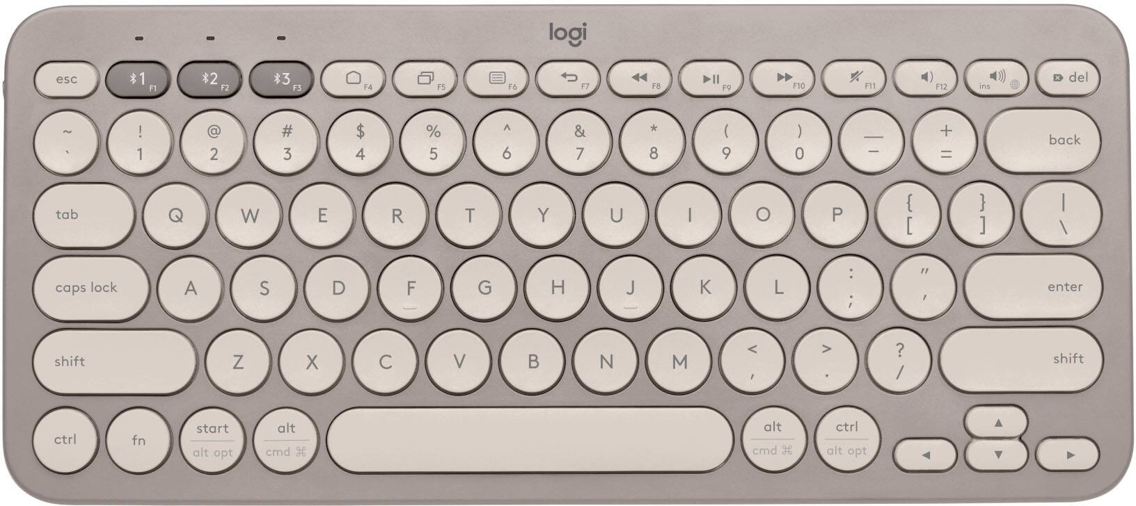 The image shows a close-up of a Logitech keyboard with a white and gray color scheme. The keys are arranged in two rows, with the top row containing the function keys and the bottom row containing the alphabet keys. The keyboard also has a numeric keypad on the right side. The keys are labeled with their corresponding functions, such as the F1 through F12 keys, the arrow keys, and the numeric keys. Additionally, the keyboard features a dedicated key for the Windows key and the Command key.