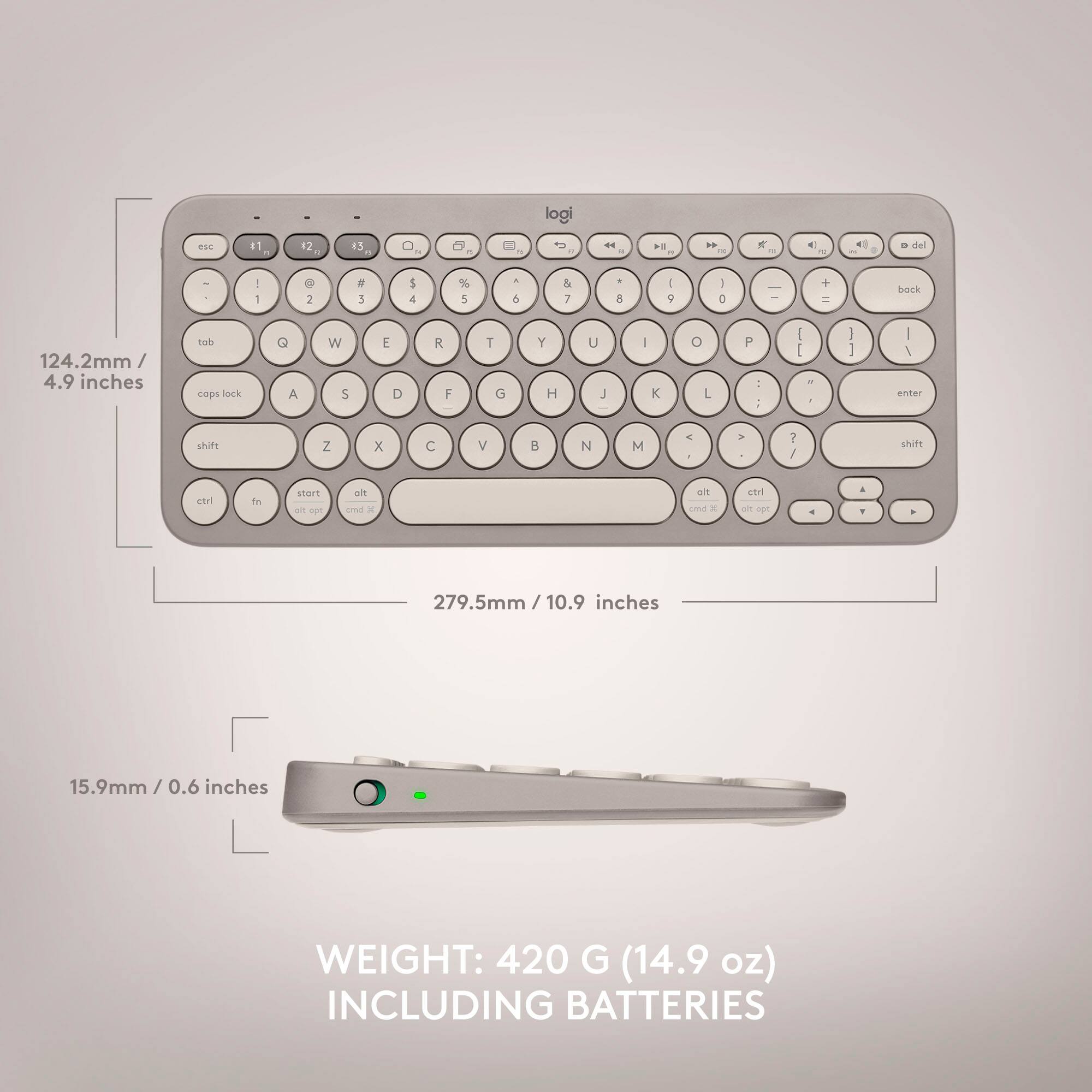 The image features a Logitech keyboard with a weight of 420 grams (14.9 oz) and dimensions of 124.2mm (4.9 inches) by 279.5mm (10.9 inches) by 15.9mm (0.6 inches). The keyboard is designed to be compact and portable, making it suitable for use in various settings.